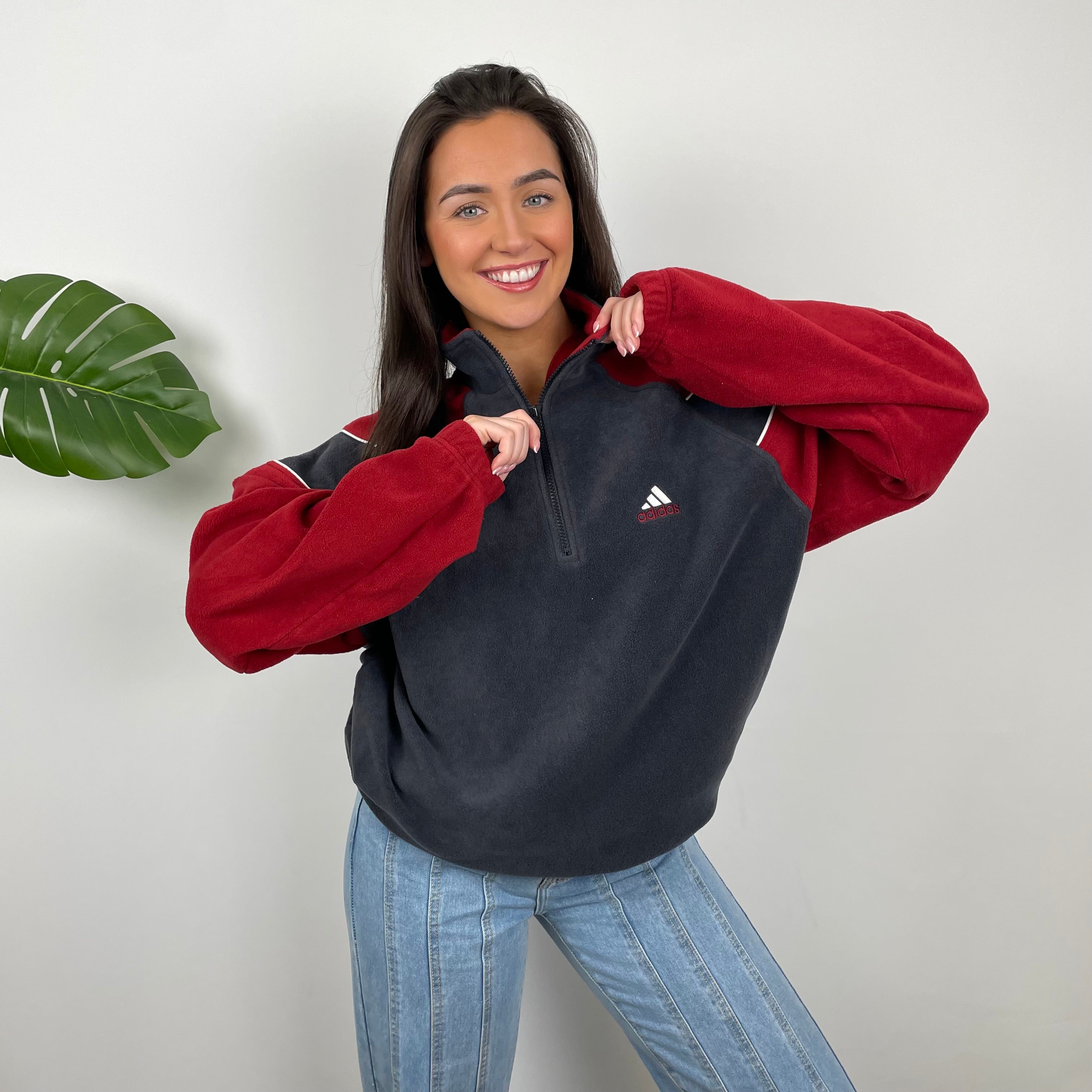 Adidas Grey Embroidered Spell Out Teddy Bear Fleece Quarter Zip Sweatshirt (XL)