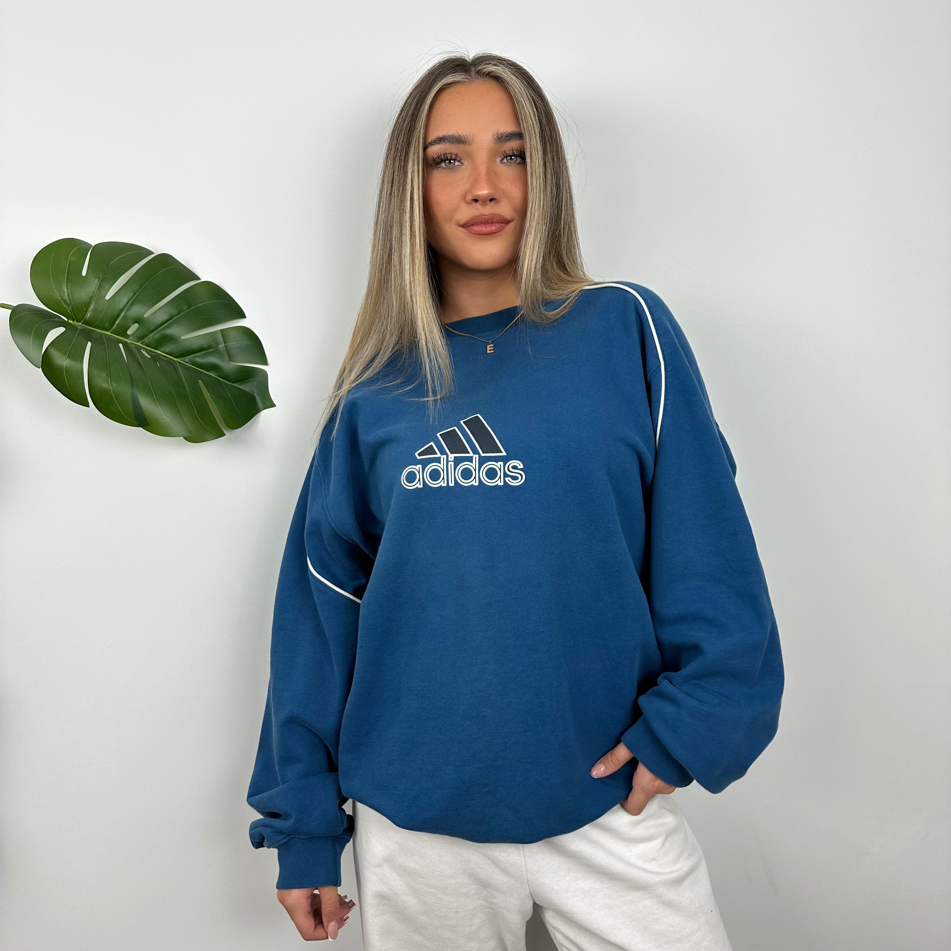 Adidas Blue Embroidered Spell Out Sweatshirt (XL)