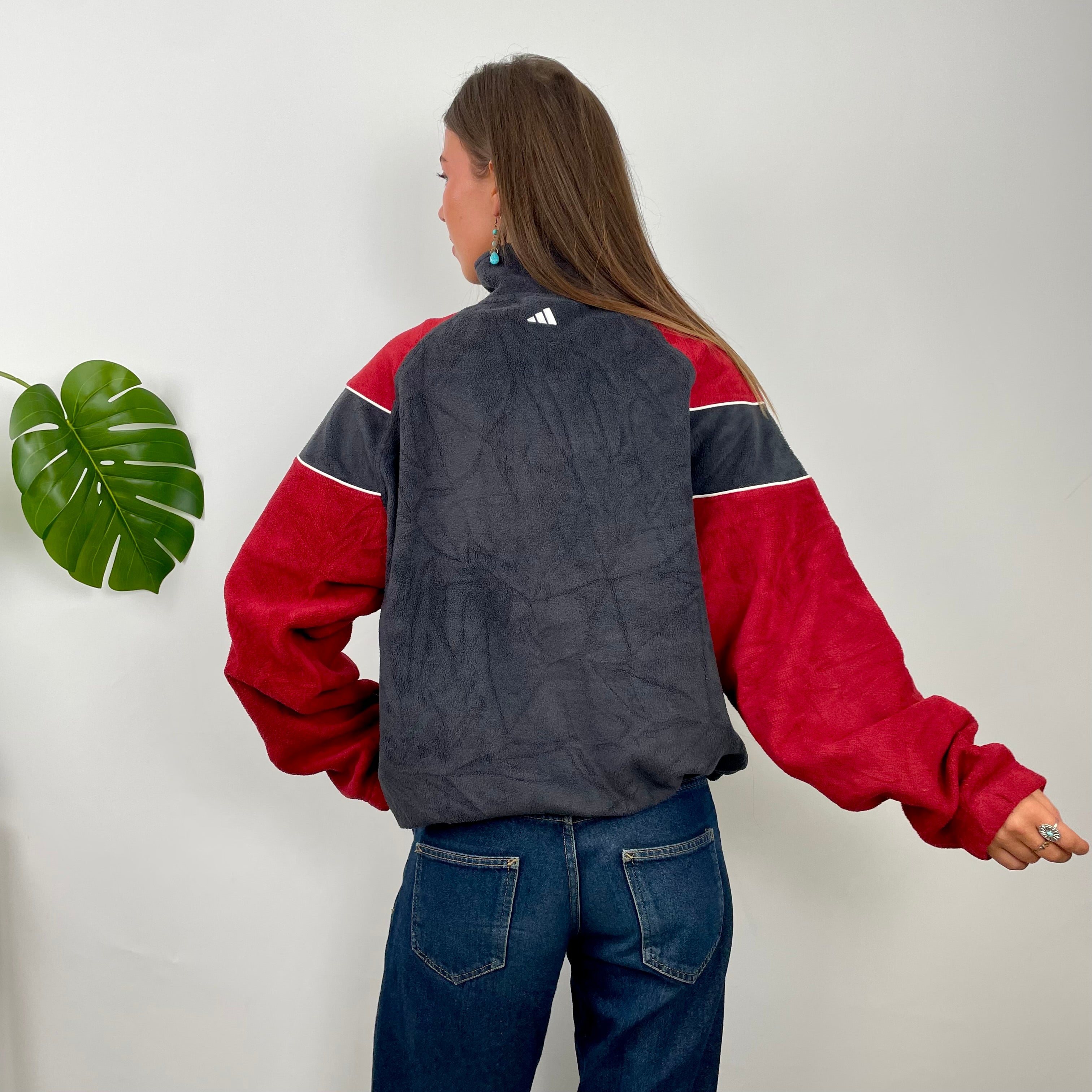 Adidas Black Colour Block Embroidered Spell Out Teddy Bear Fleece Quarter Zip Sweatshirt (XL)