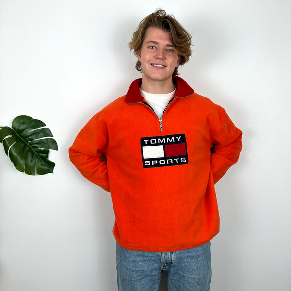 Tommy Hilfiger Orange Embroidered Spell Out Teddy Bear Fleece Quarter Zip Sweatshirt (L)
