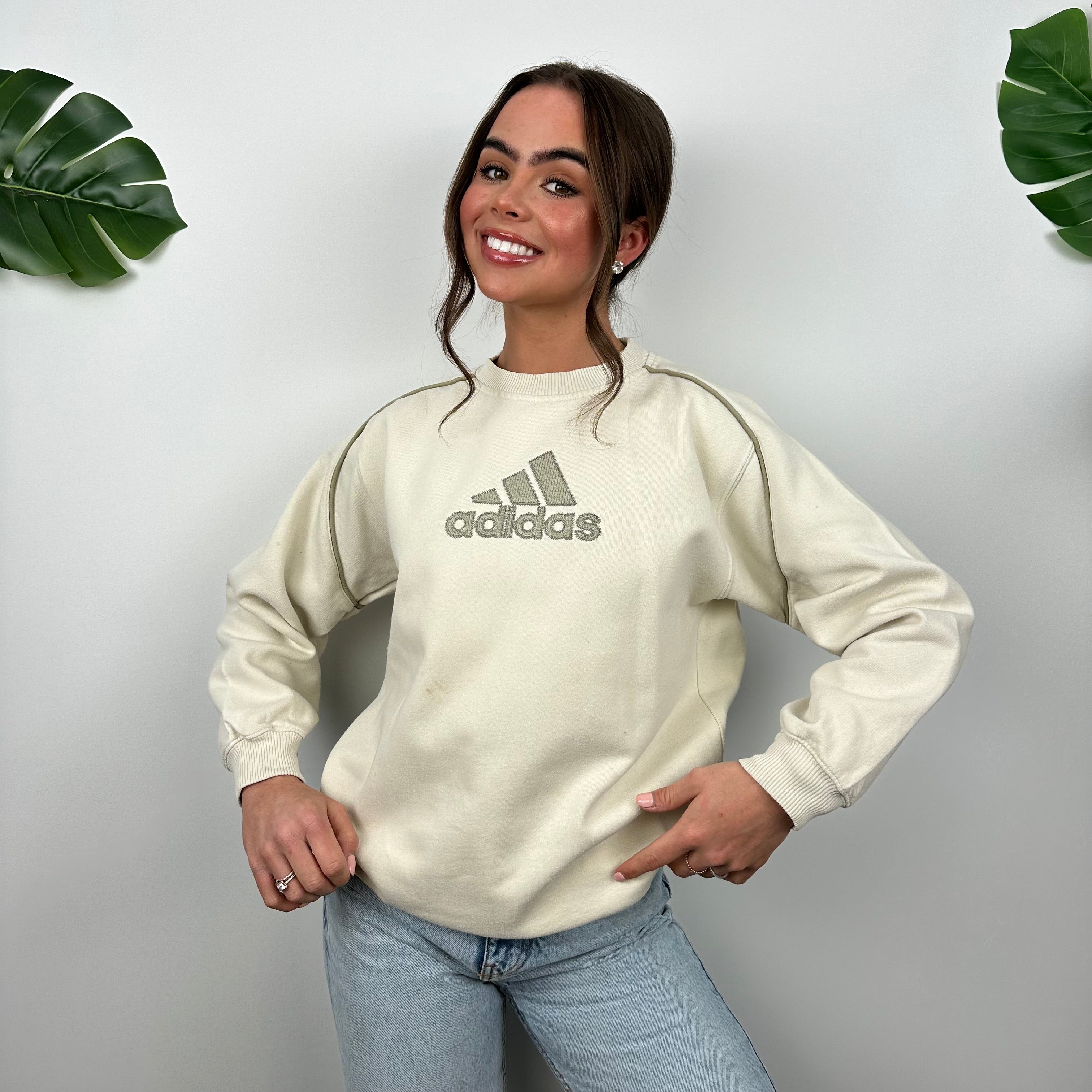 Adidas Cream Embroidered Spell Out Sweatshirt (S)