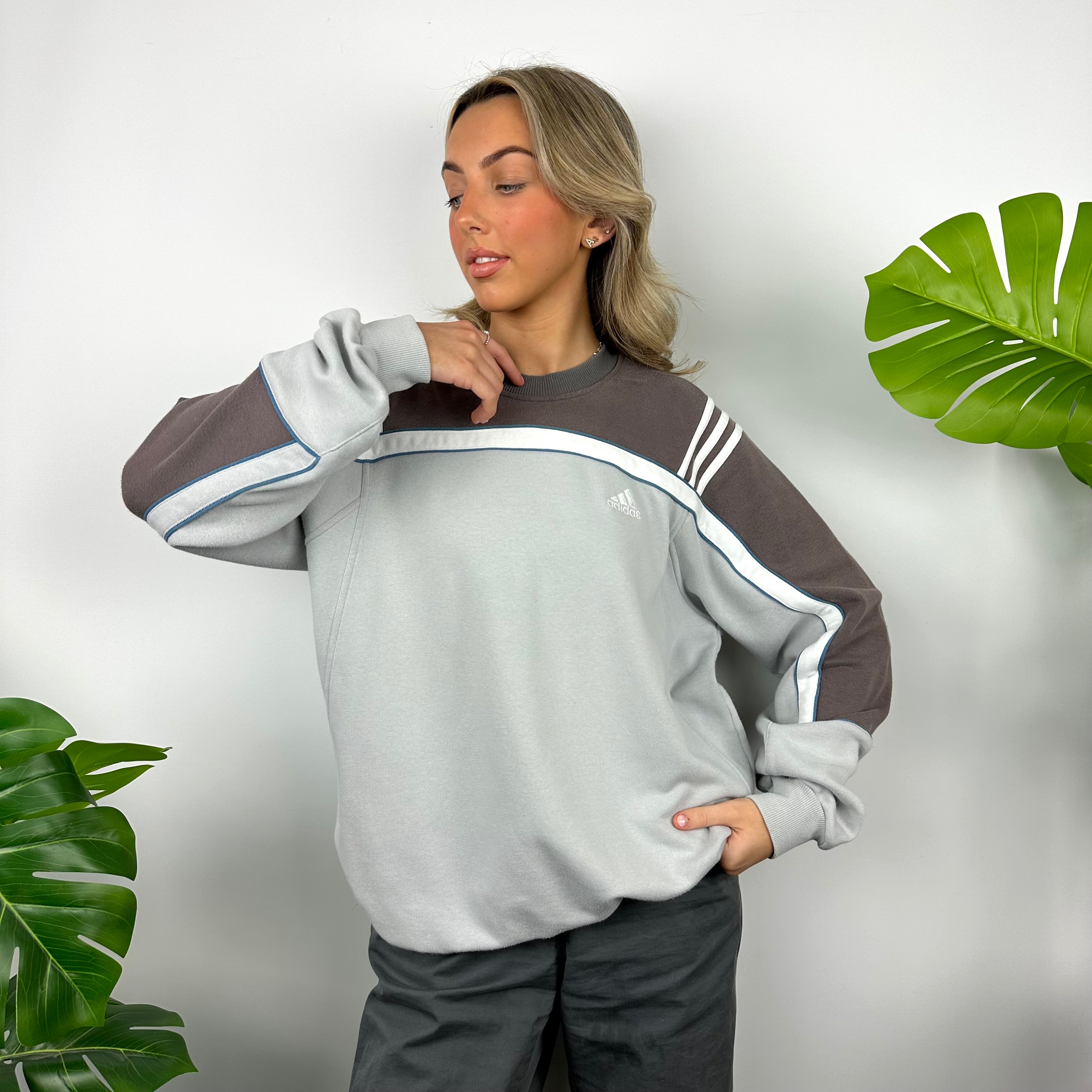 Adidas Grey & Brown Embroidered Spell Out Sweatshirt (M)