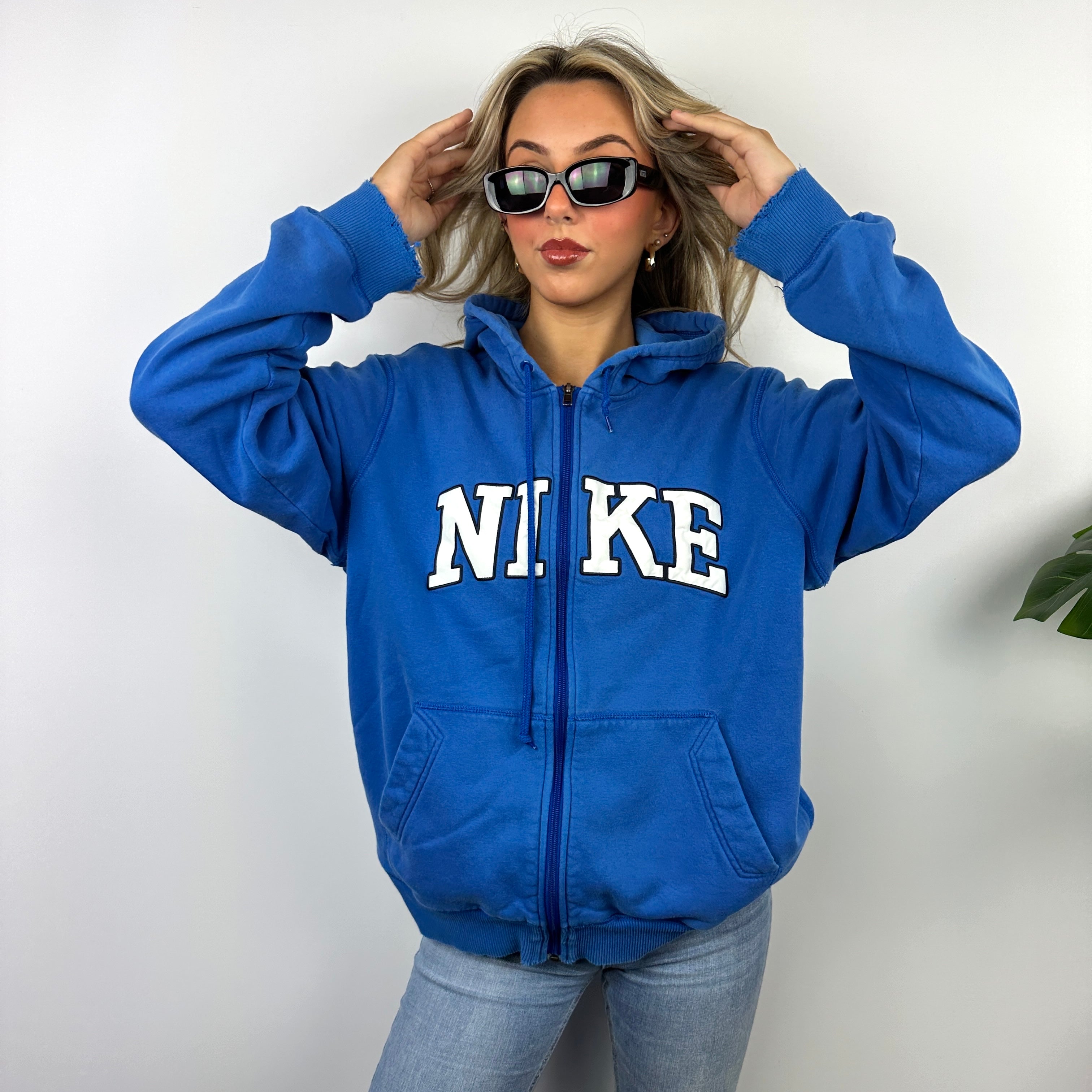 Nike Blue Embroidered Spell Out Zip Up Hoodie Jacket (L)