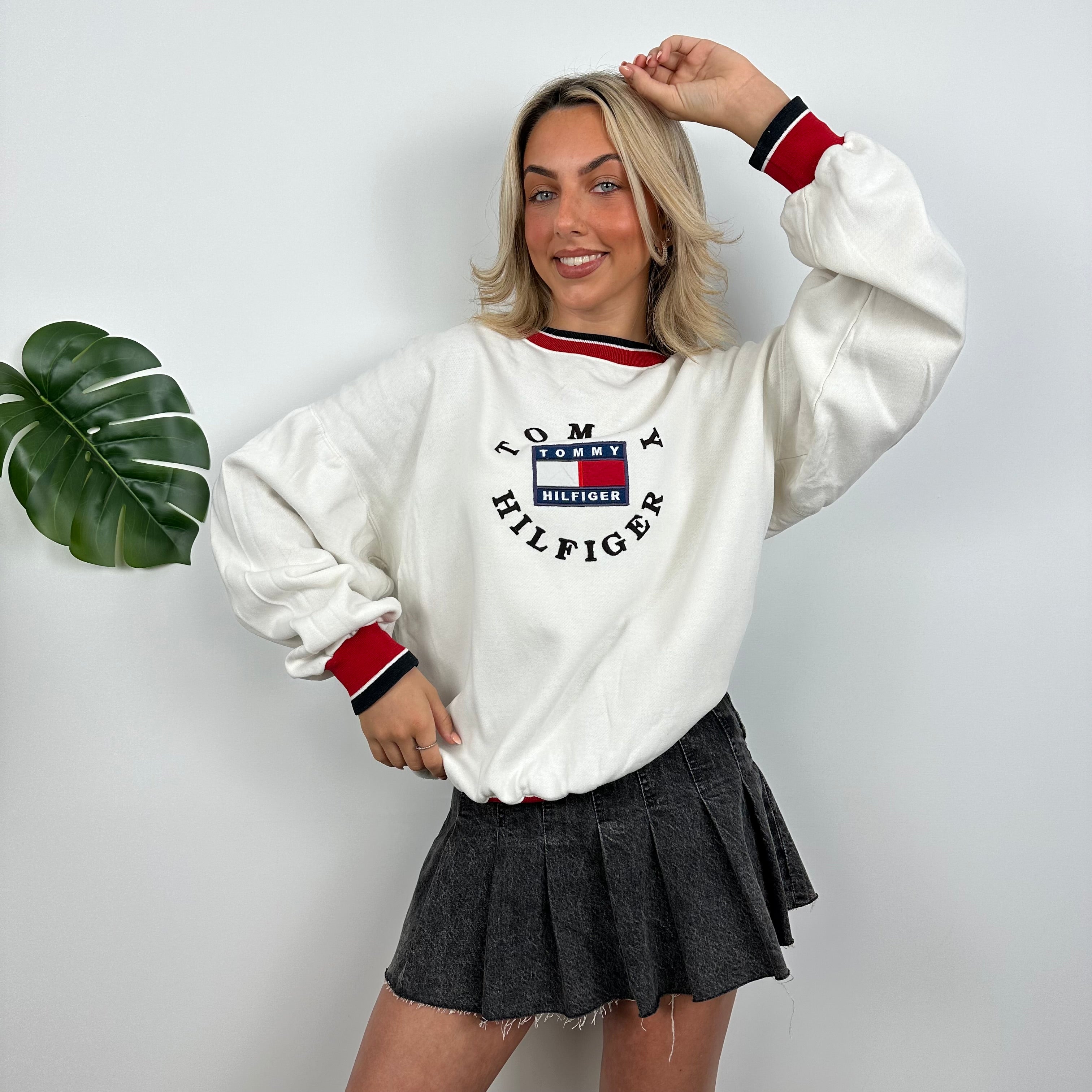 Tommy Hilfiger RARE White Embroidered Spell Out Sweatshirt (M)