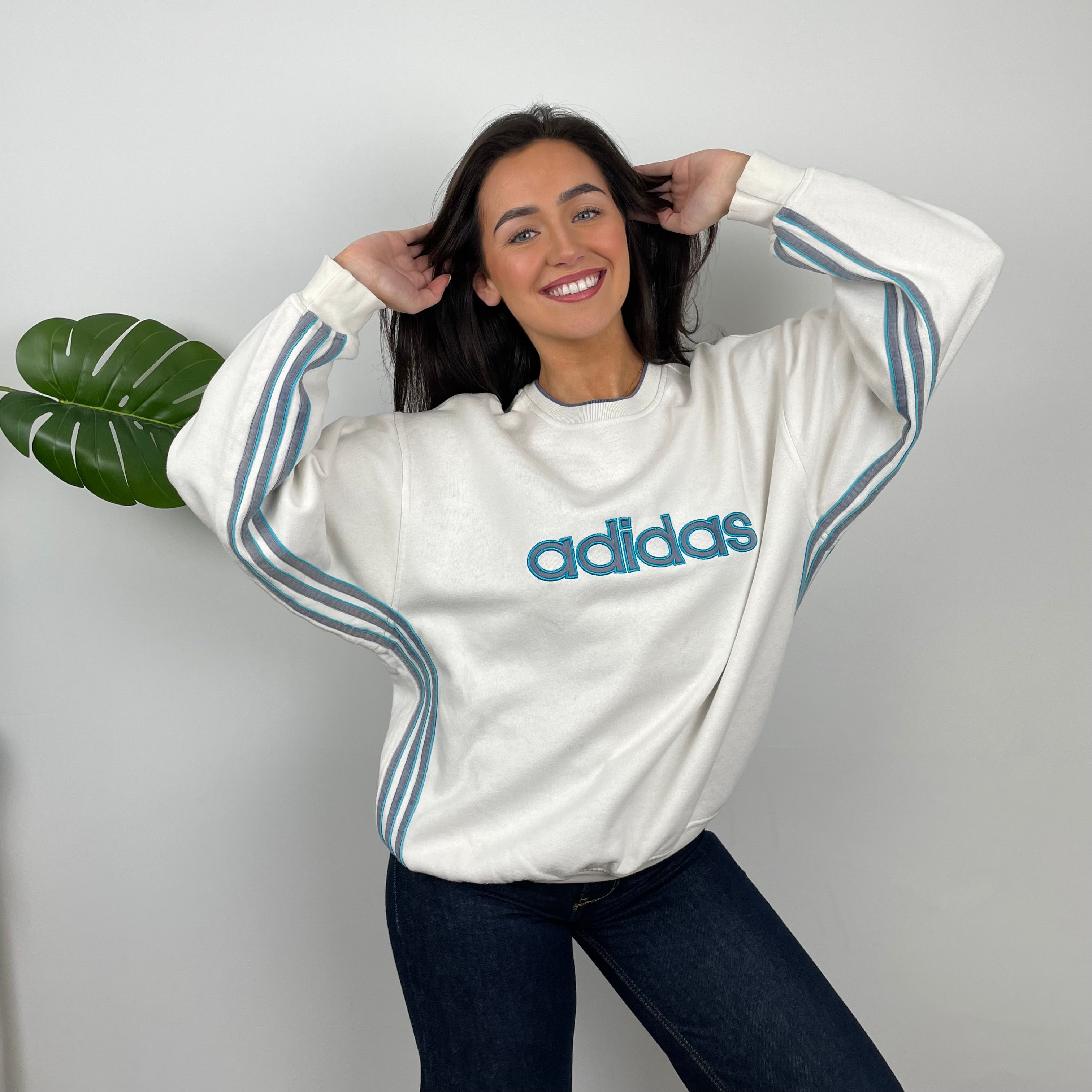 Adidas White Embroidered Spell Out Sweatshirt (M)