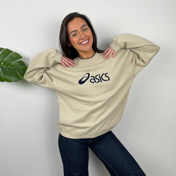 ASICS Tan Beige Embroidered Spell Out Sweatshirt (M)