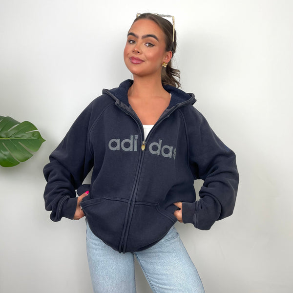 Adidas Navy Embroidered Spell Out Zip Up Hoodie Jacket (M)