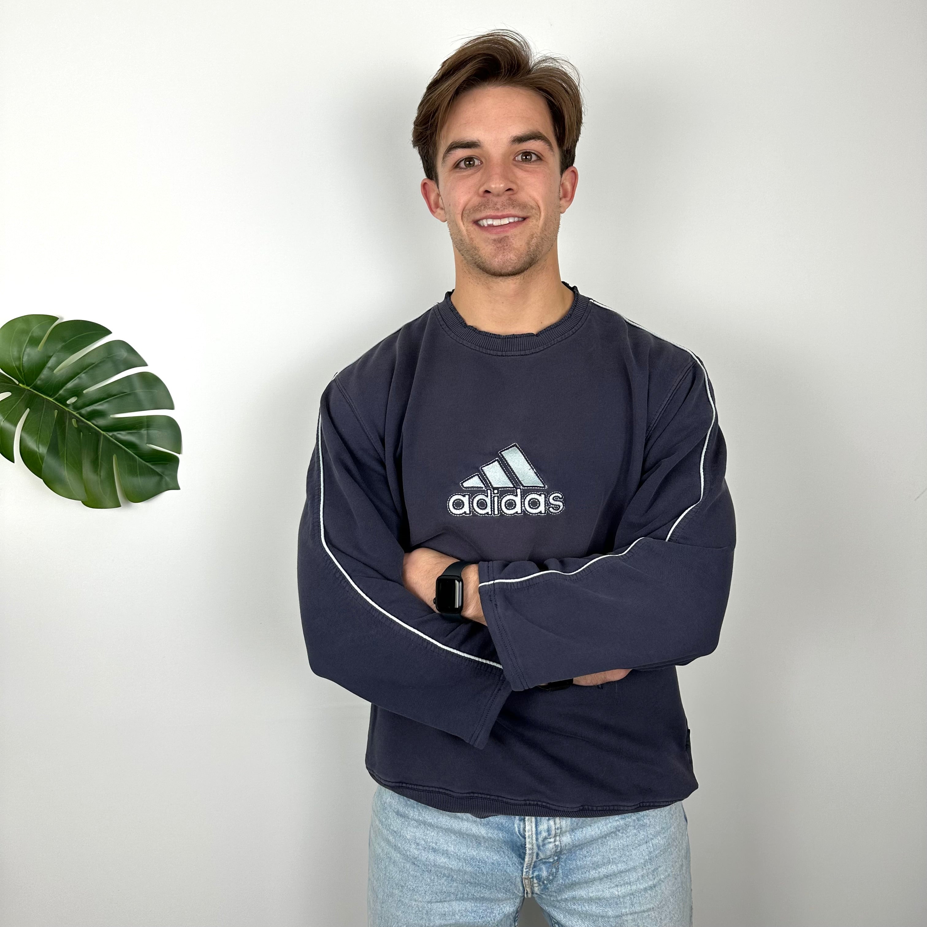 Adidas Navy Embroidered Spell Out Sweatshirt (L)