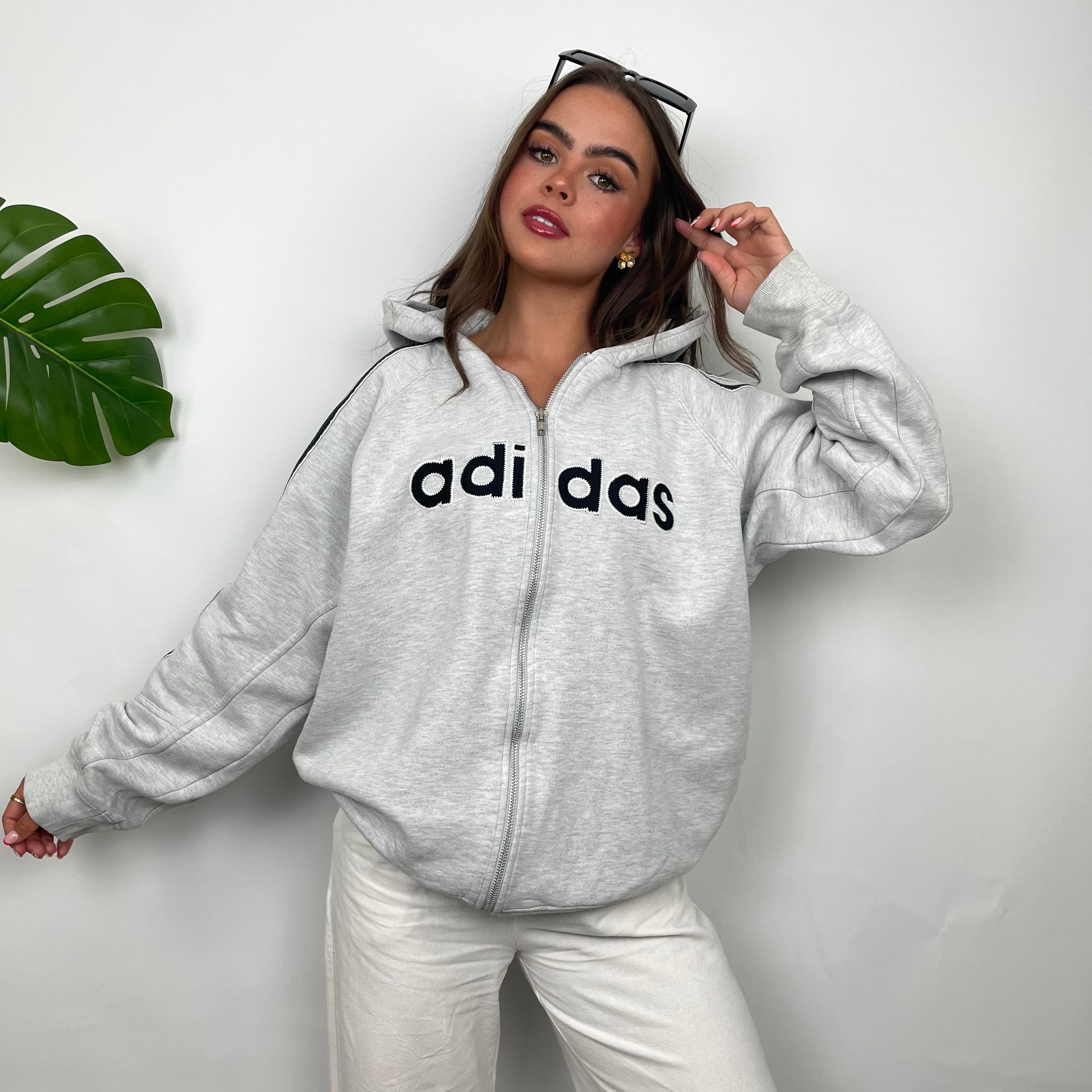 Adidas Grey Embroidered Spell Out Zip Up Hoodie Jacket (M)