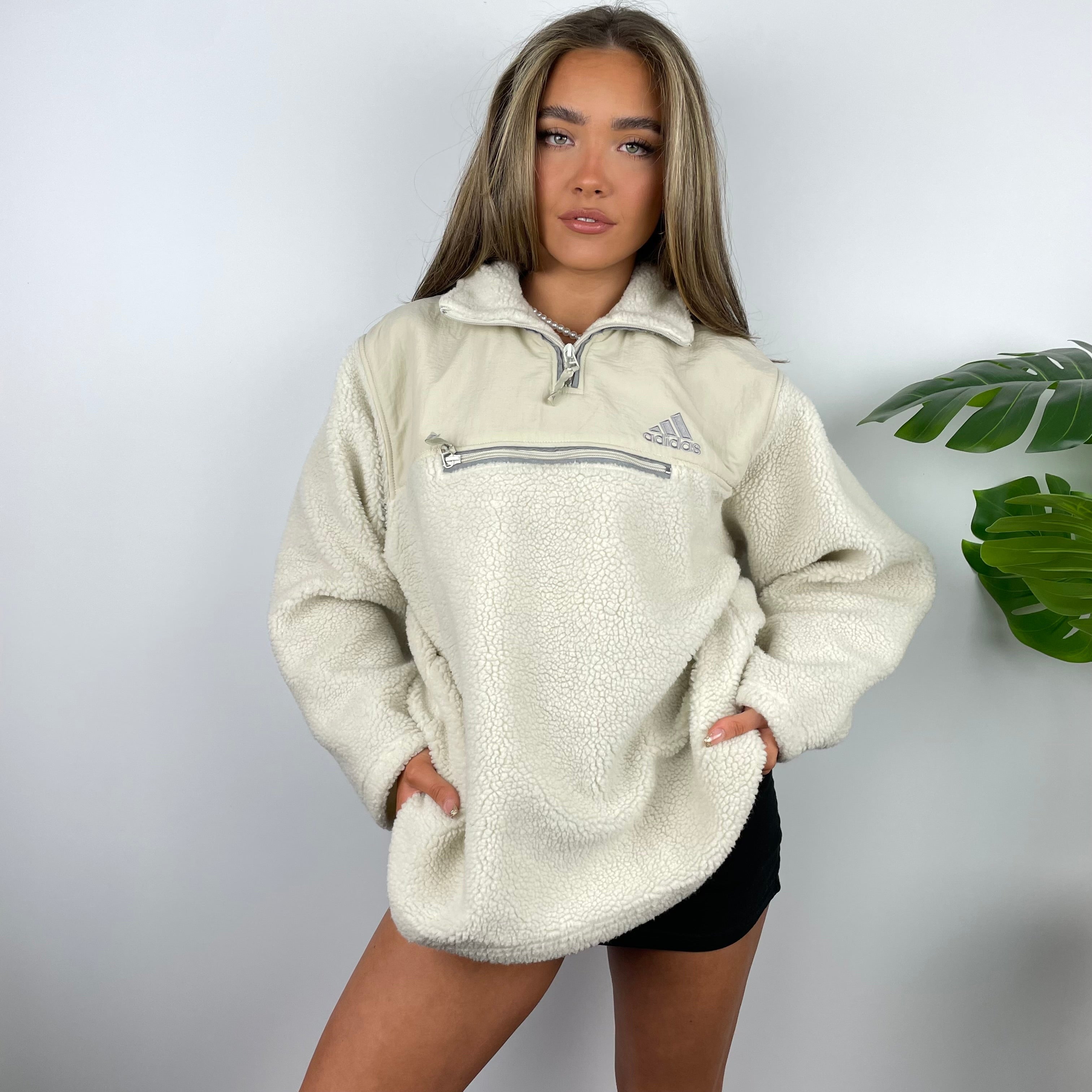 Adidas RARE Cream Sherpa Teddy Bear Fleece Quarter Zip Sweatshirt as worn by Sofia Coelho (L)