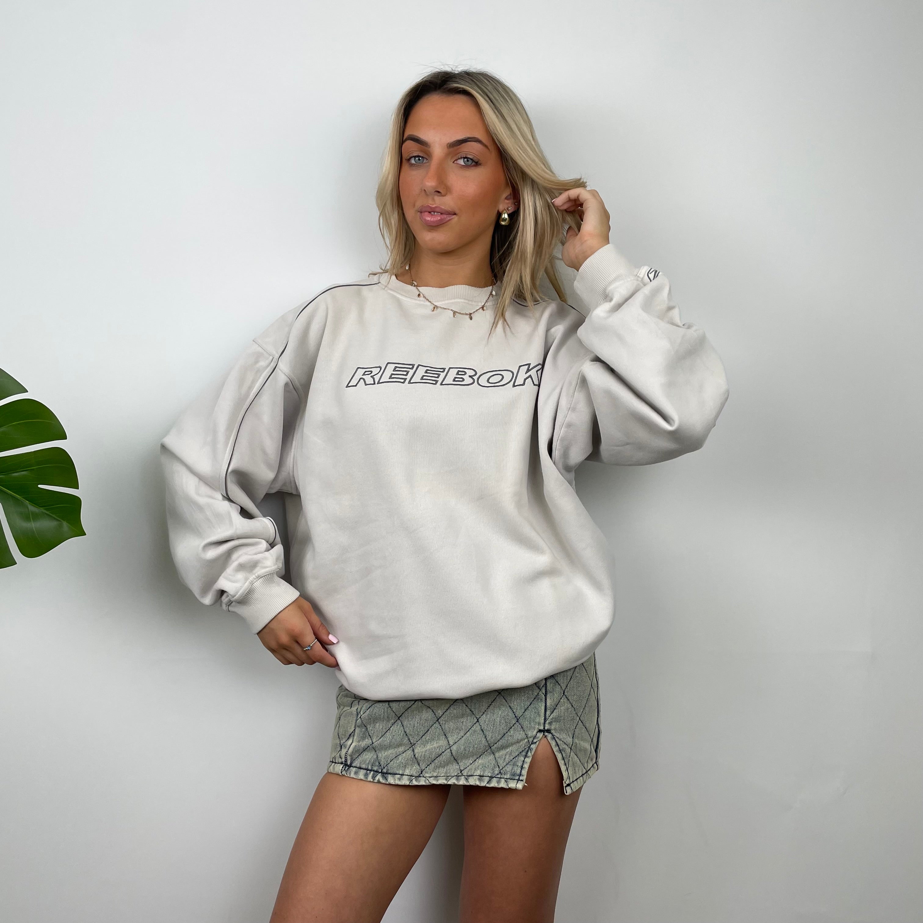 Reebok Cream Embroidered Spell Out Sweatshirt (L)