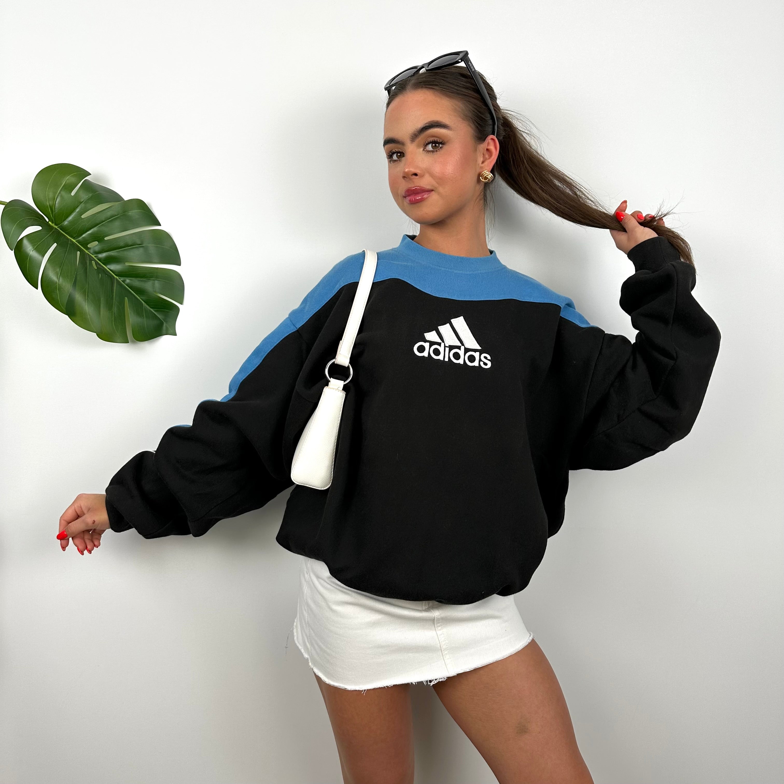 Adidas Black and Baby Blue Embroidered Spell Out Sweatshirt (M)