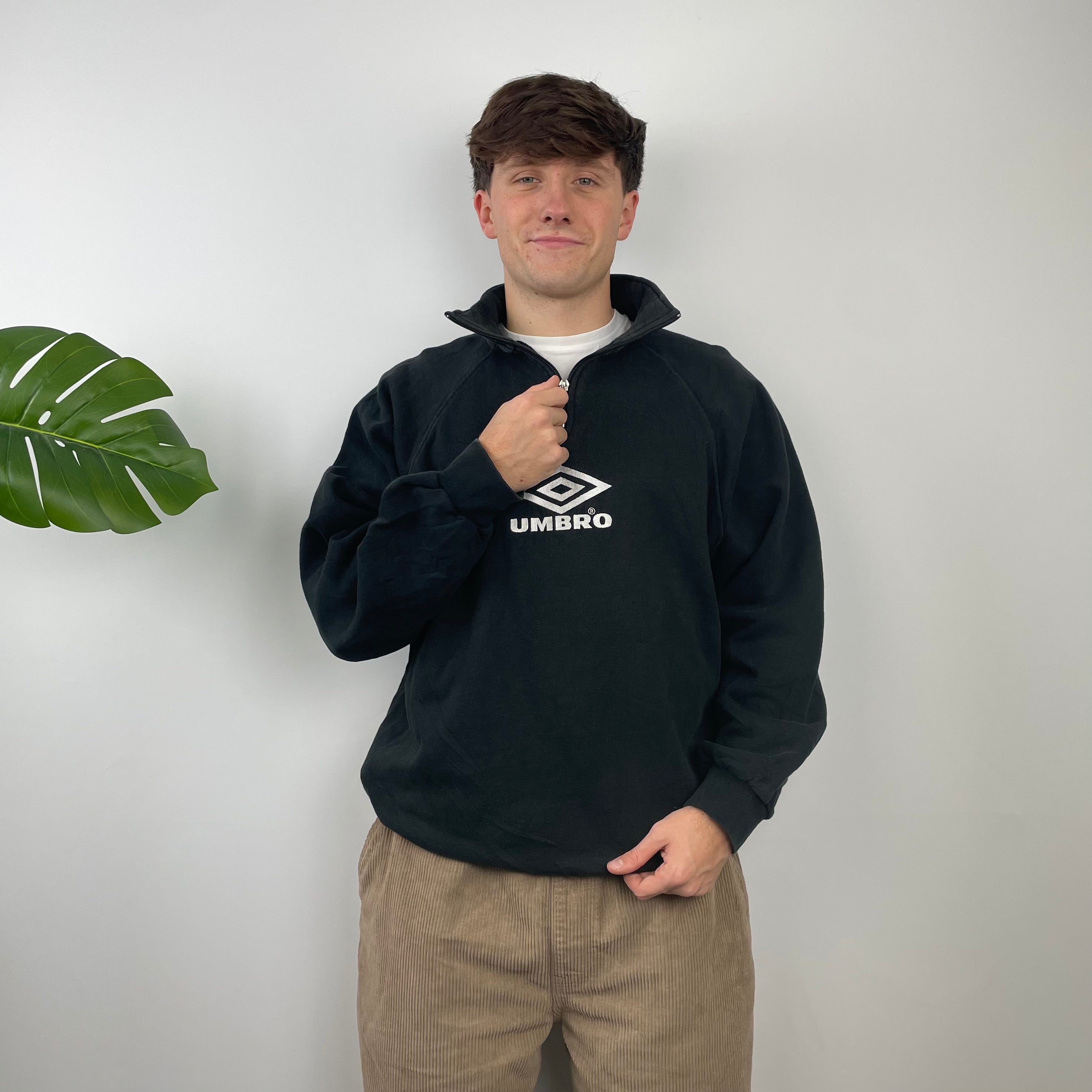 Umbro RARE Black Embroidered Spell Out Quarter Zip Sweatshirt (M)