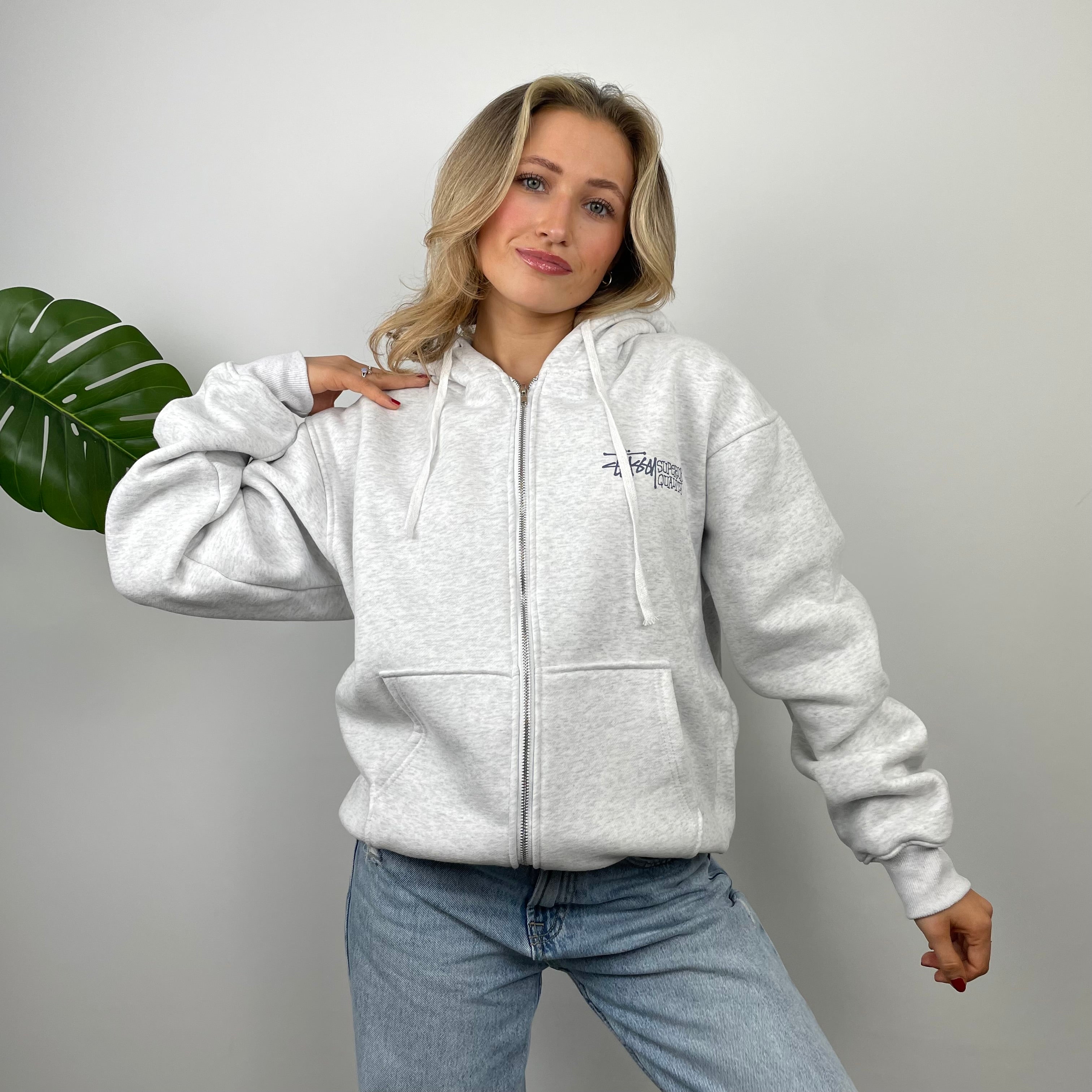 Stussy Grey Embroidered Zip Up Hoodie (M)