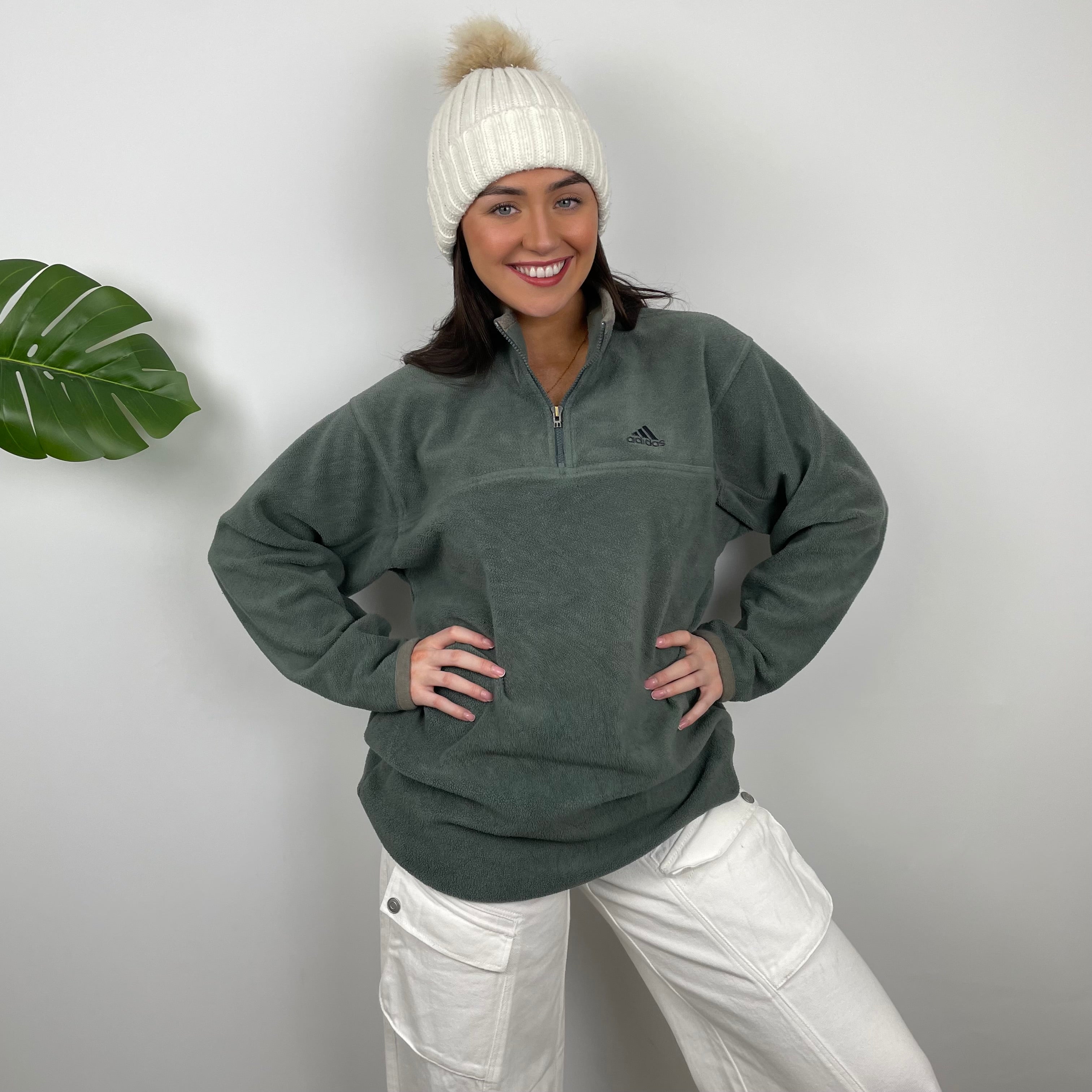 Adidas Green Embroidered Spell Out Fleece Quarter Zip Sweatshirt (XL)