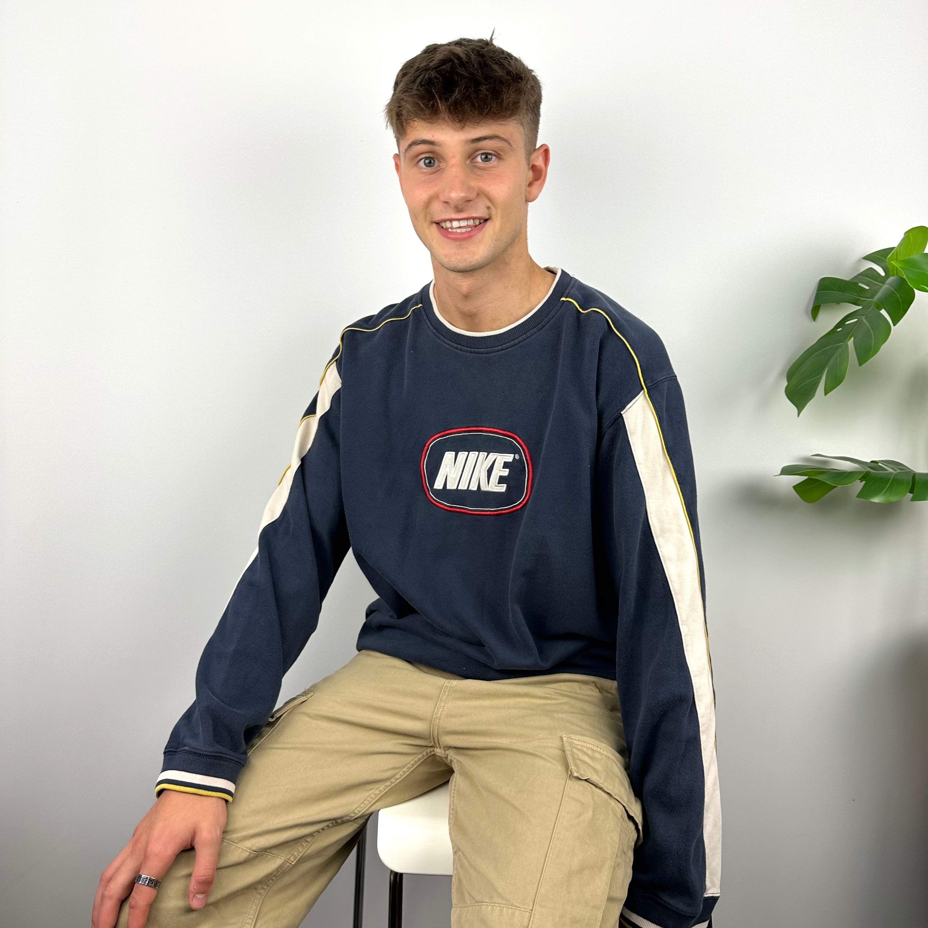 Nike RARE Navy Embroidered Spell Out Sweatshirt (XXL)