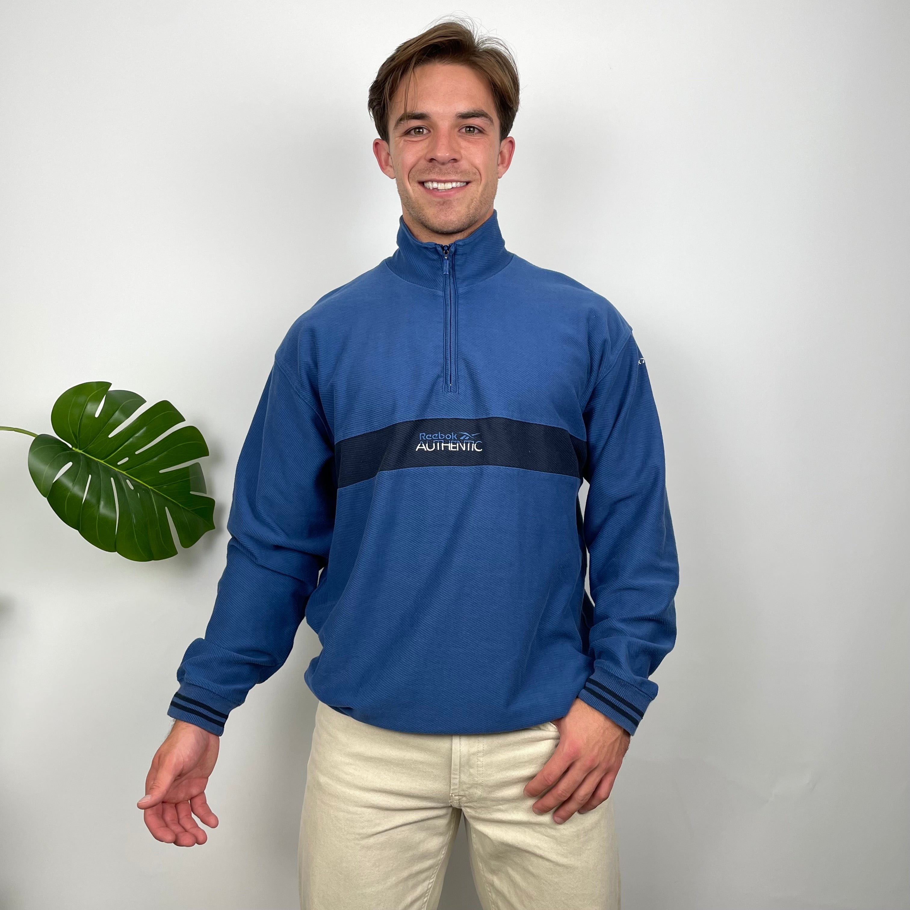 Reebok Blue Embroidered Spell Out Quarter Zip Sweatshirt (M)