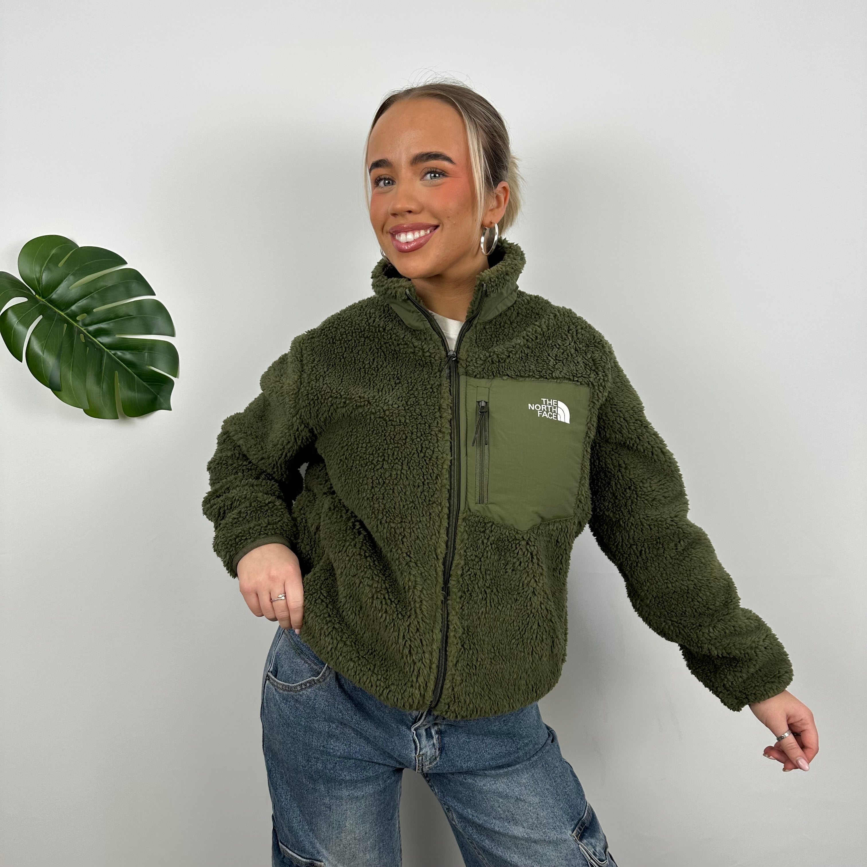 North Face Green Teddy Bear Fleece Zip Up Jacket (M)