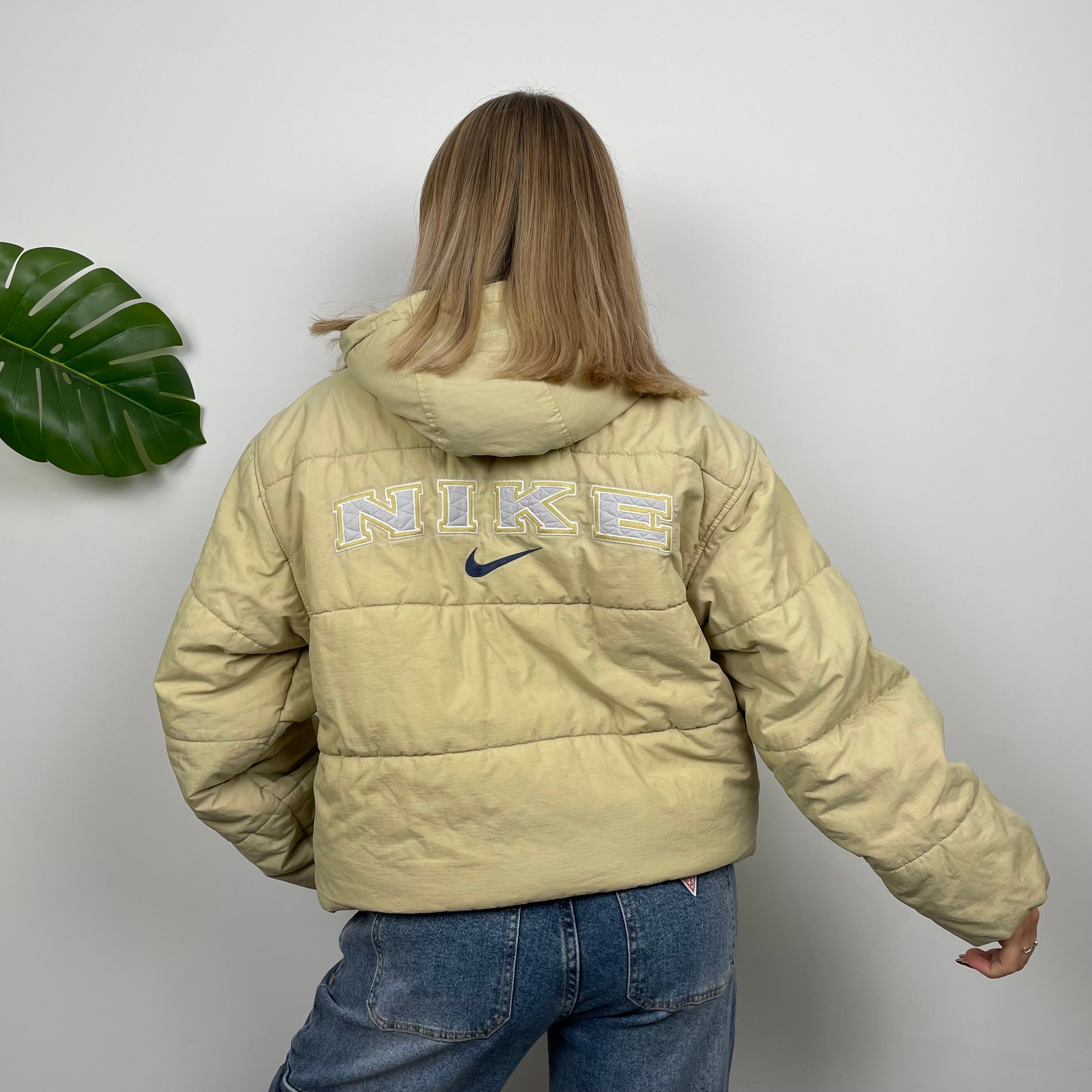 Nike RARE Yellow Embroidered Spell Out Puffer Jacket (L)