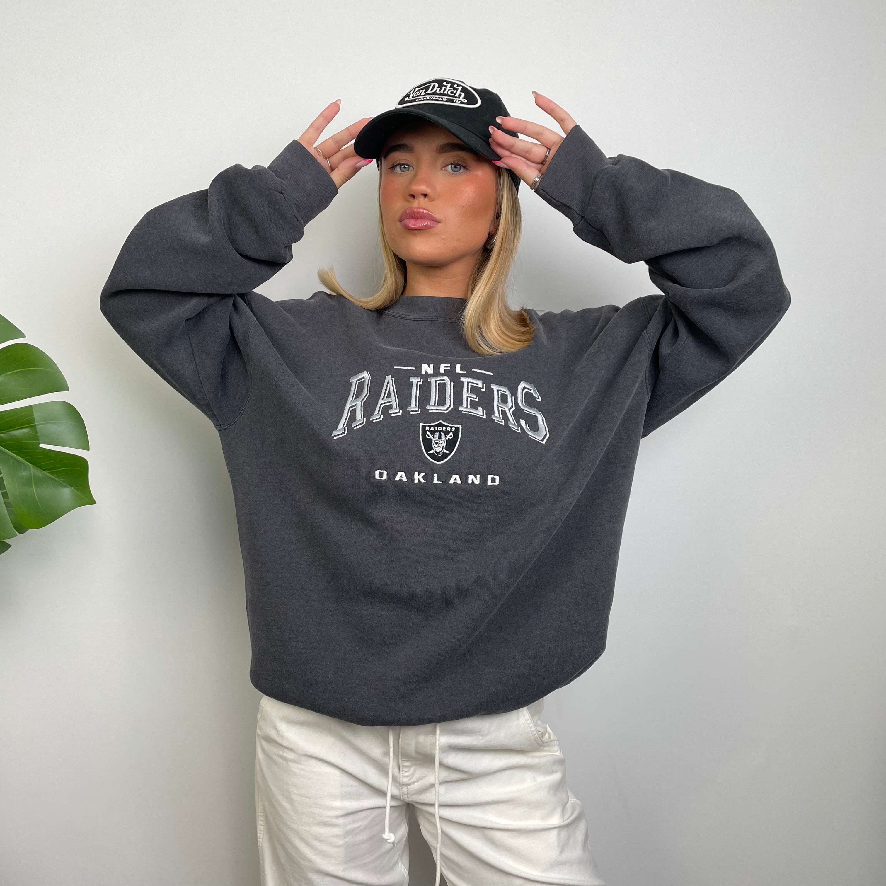 NFL Las Vegas Raiders Grey Embroidered Spell Out Sweatshirt (L)