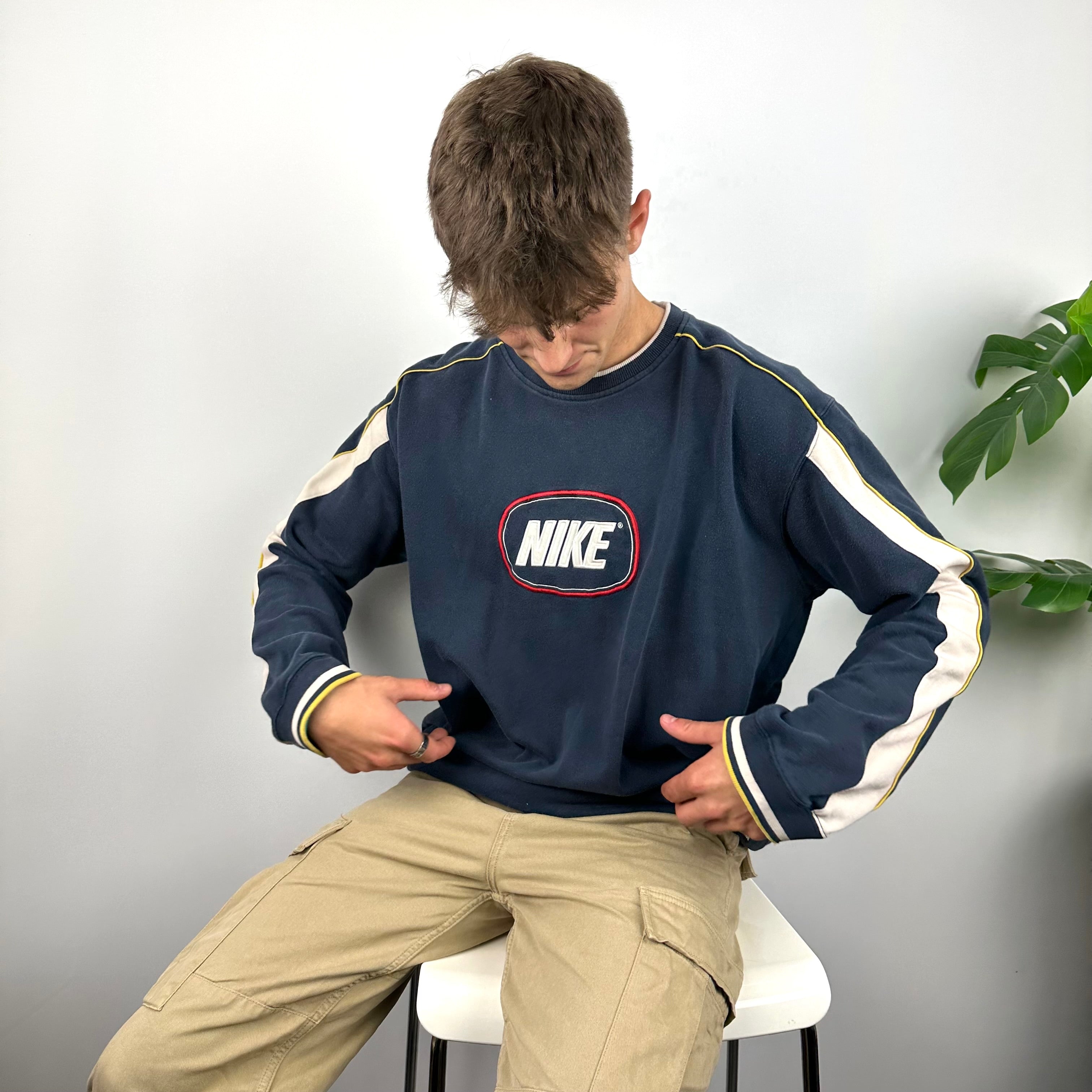 Nike RARE Navy Embroidered Spell Out Sweatshirt (XXL)