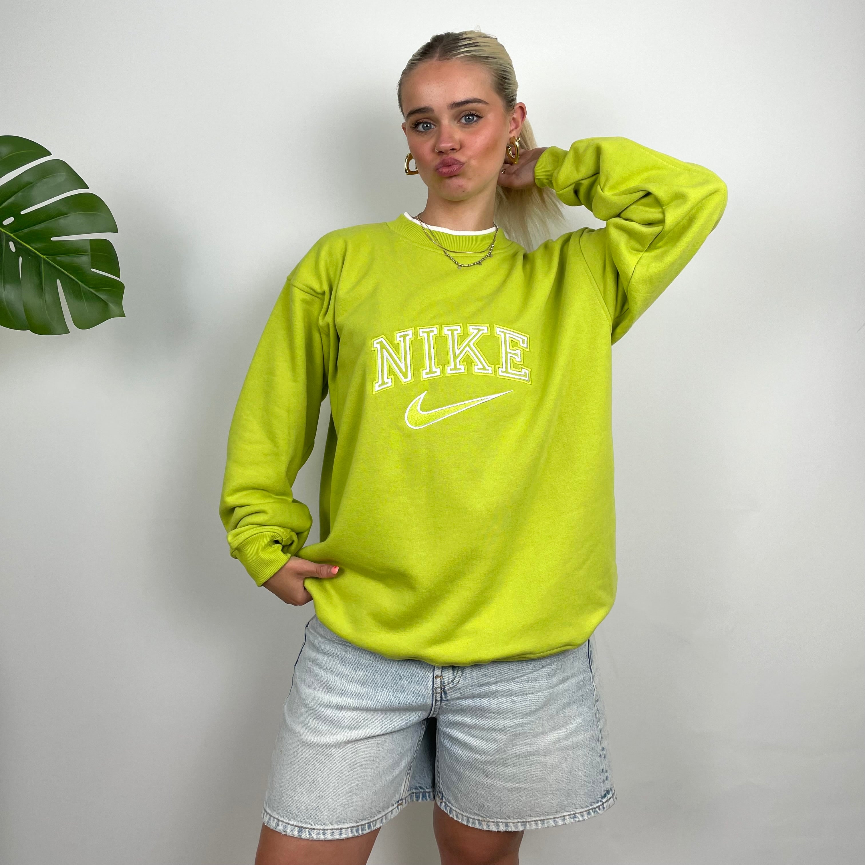 Nike Lime Green Embroidered Spell Out Sweatshirt (L)