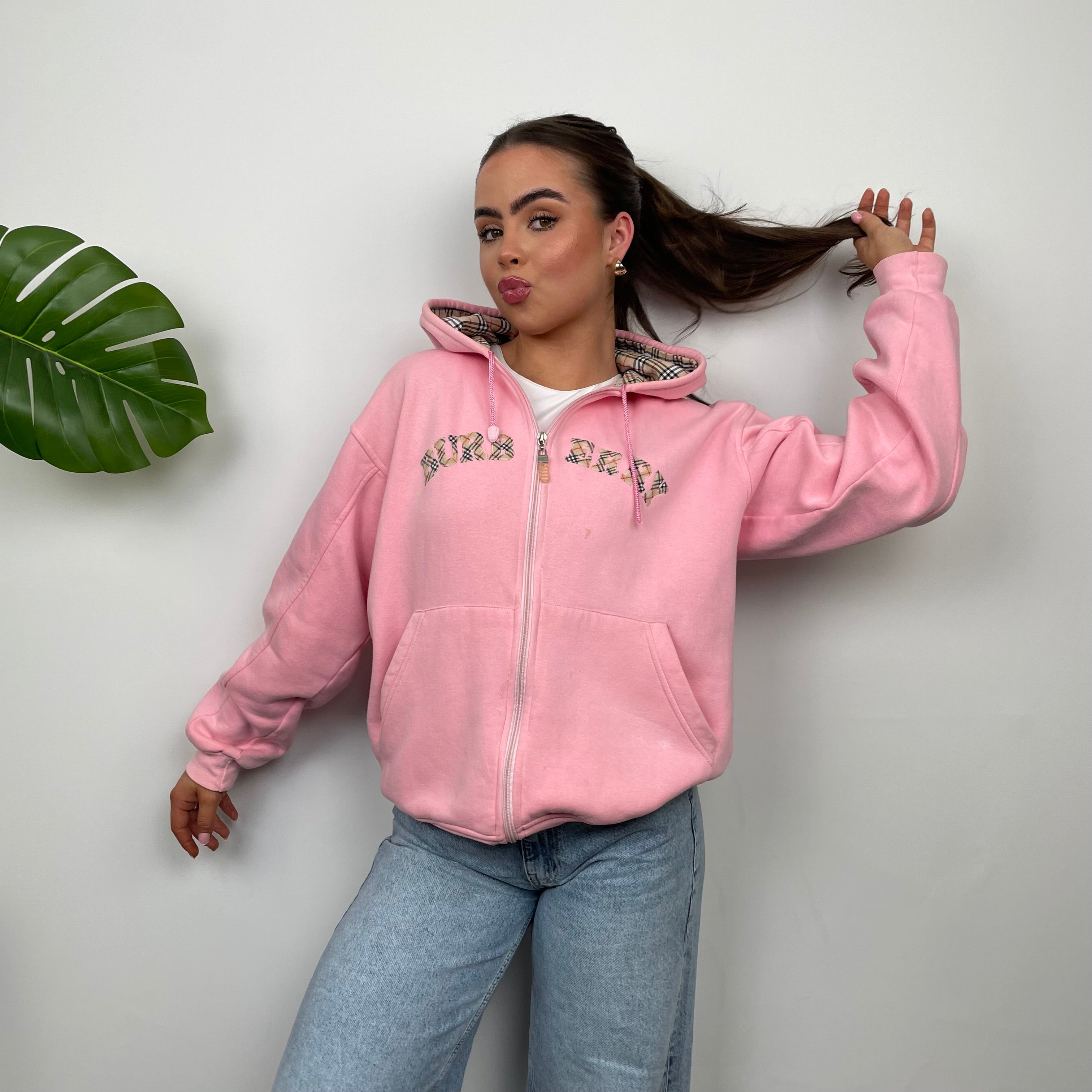 Burberry Pink Embroidered Logo Zip Up Sweatshirt (S)