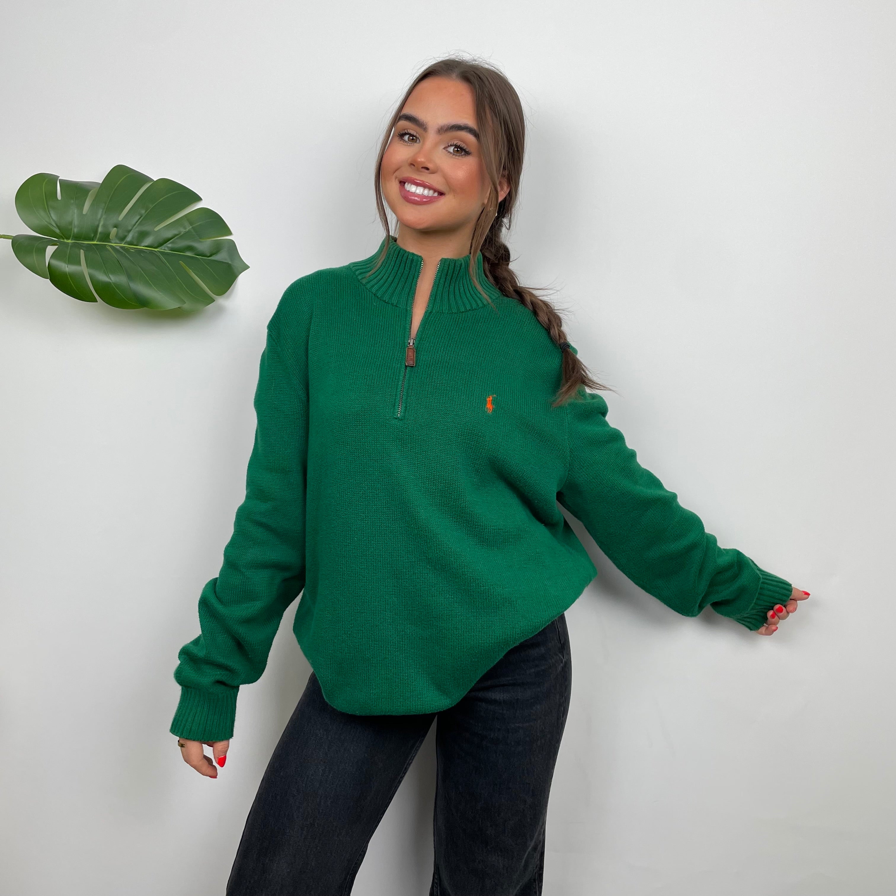 Polo Ralph Lauren Green Embroidered Logo Quarter Zip Knitted Sweater (L)