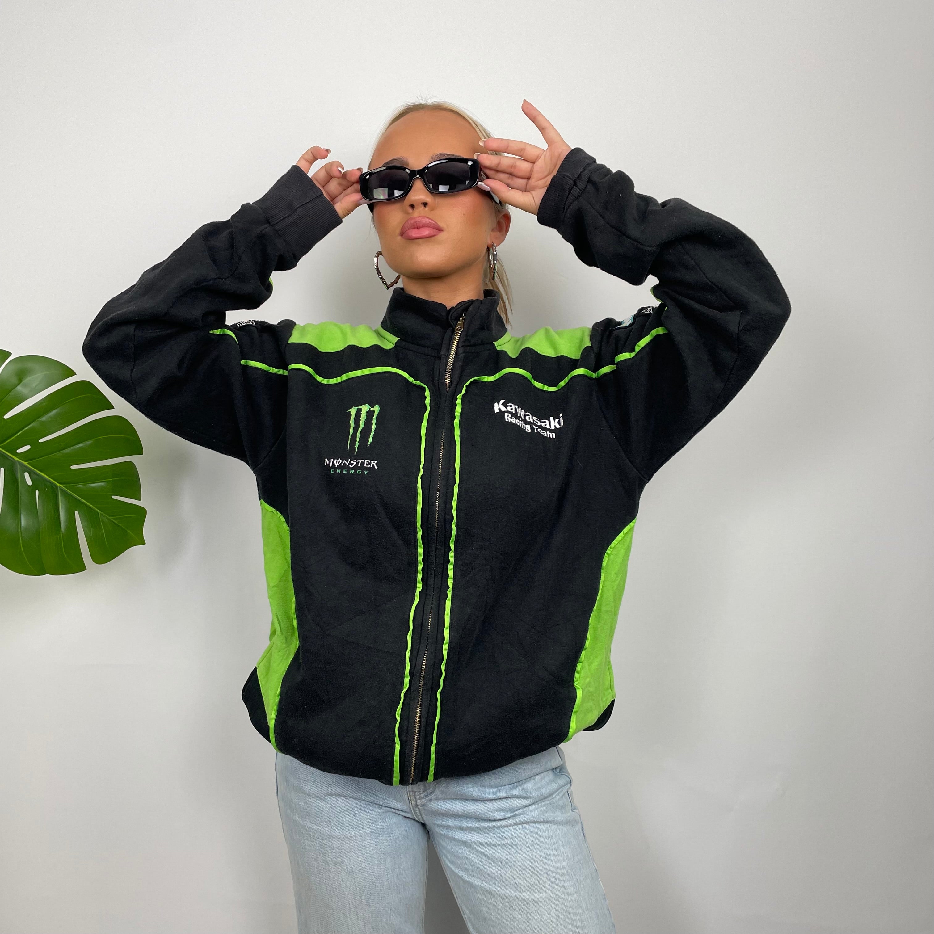 Monster Energy Racing Team Black Embroidered Spell Out Zip Up Hoodie Jacket (L)