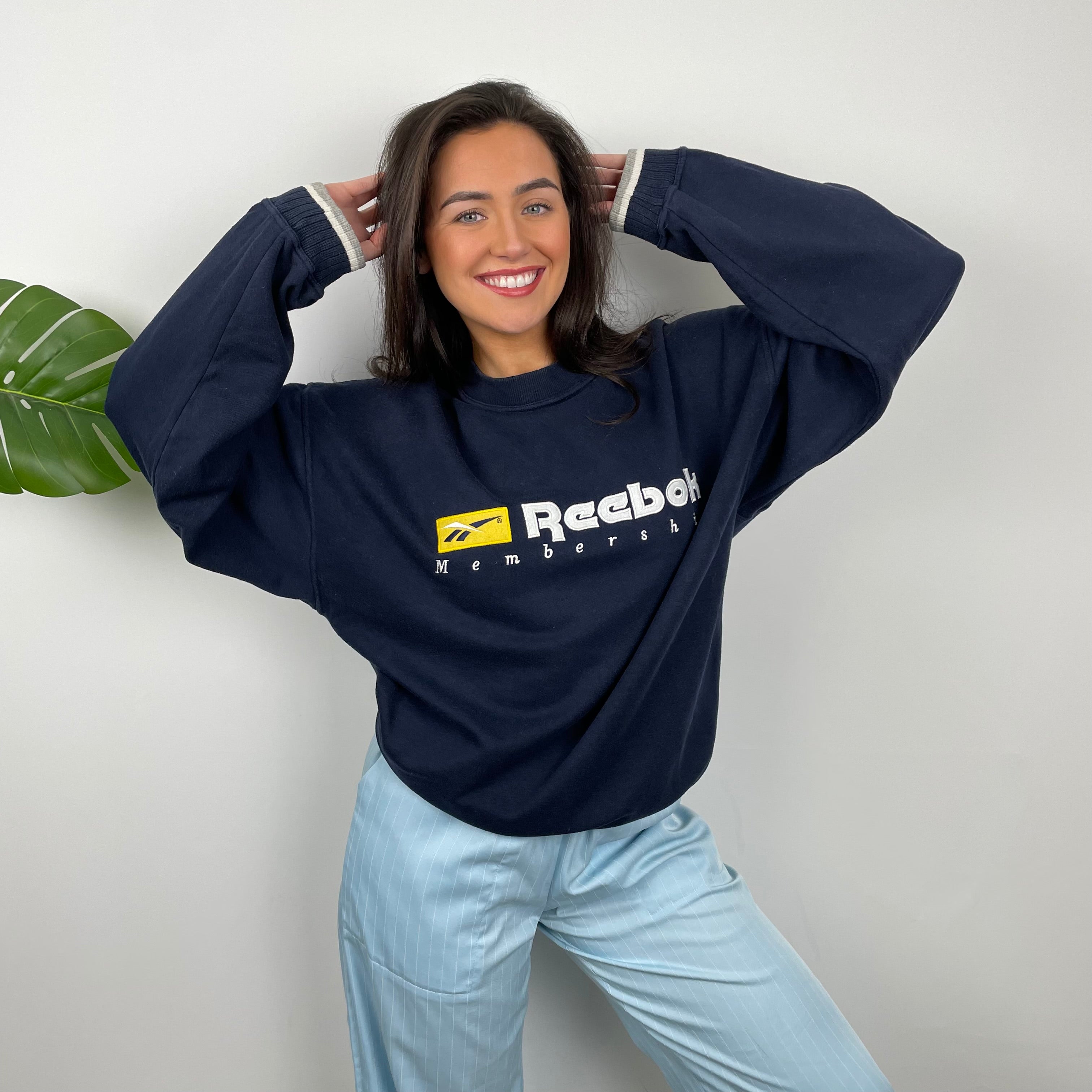 Reebok Membership RARE Navy Embroidered Spell Out Sweatshirt (XL)