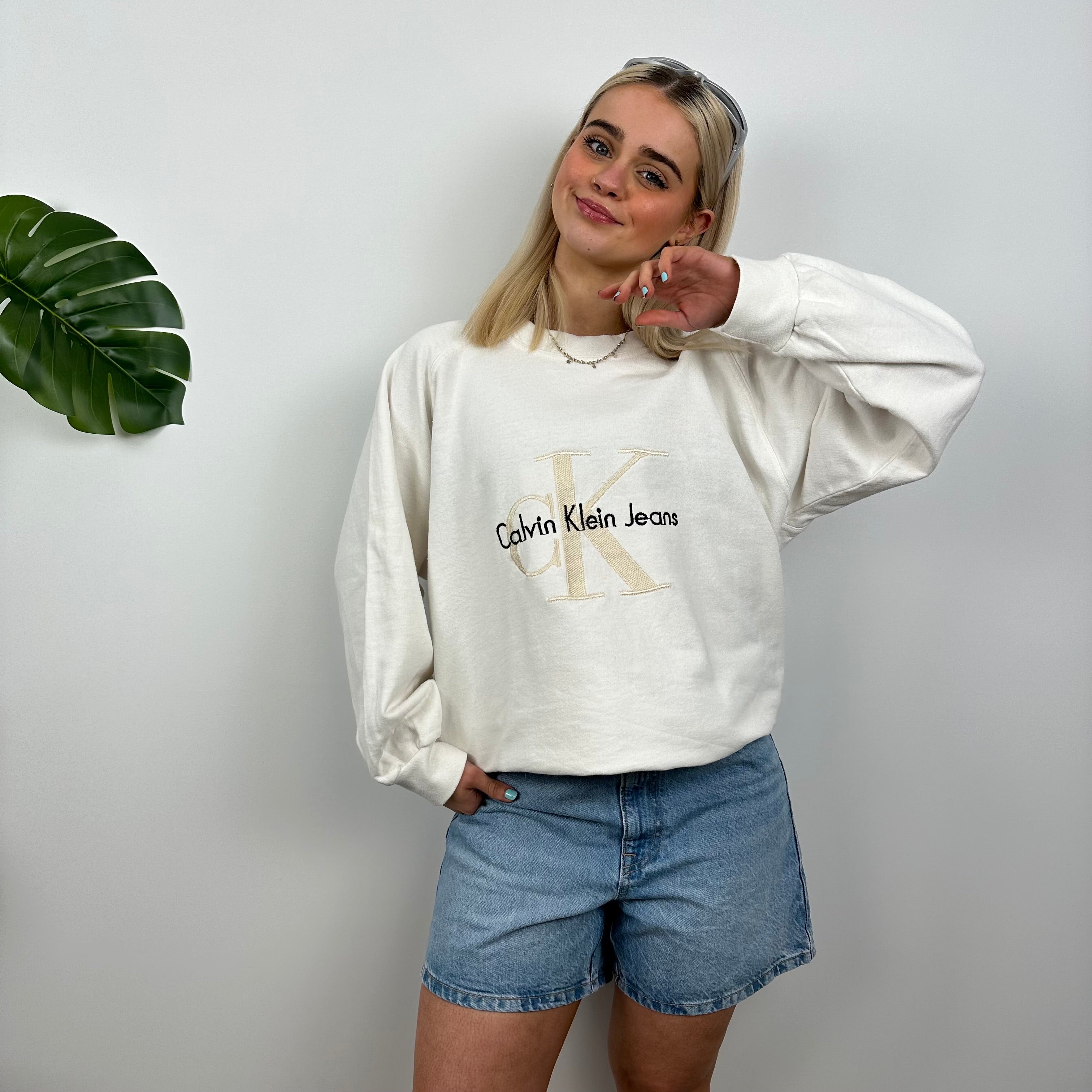 Calvin Klein RARE White Embroidered Spell Out Sweatshirt (M)