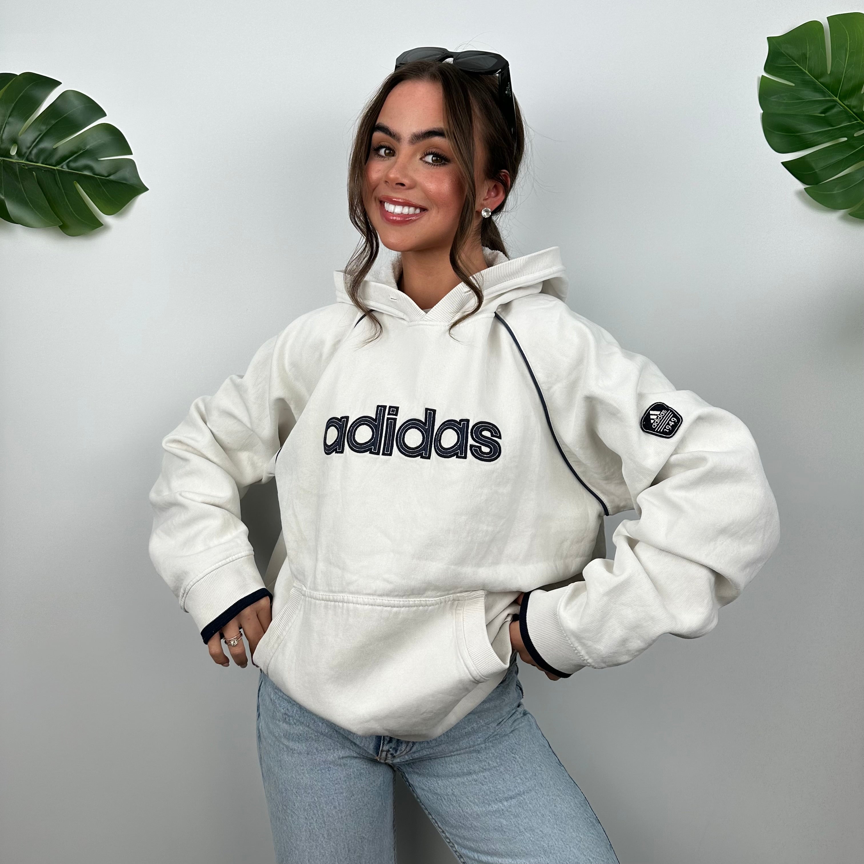 Adidas White Embroidered Spell Out Hoodie (L)