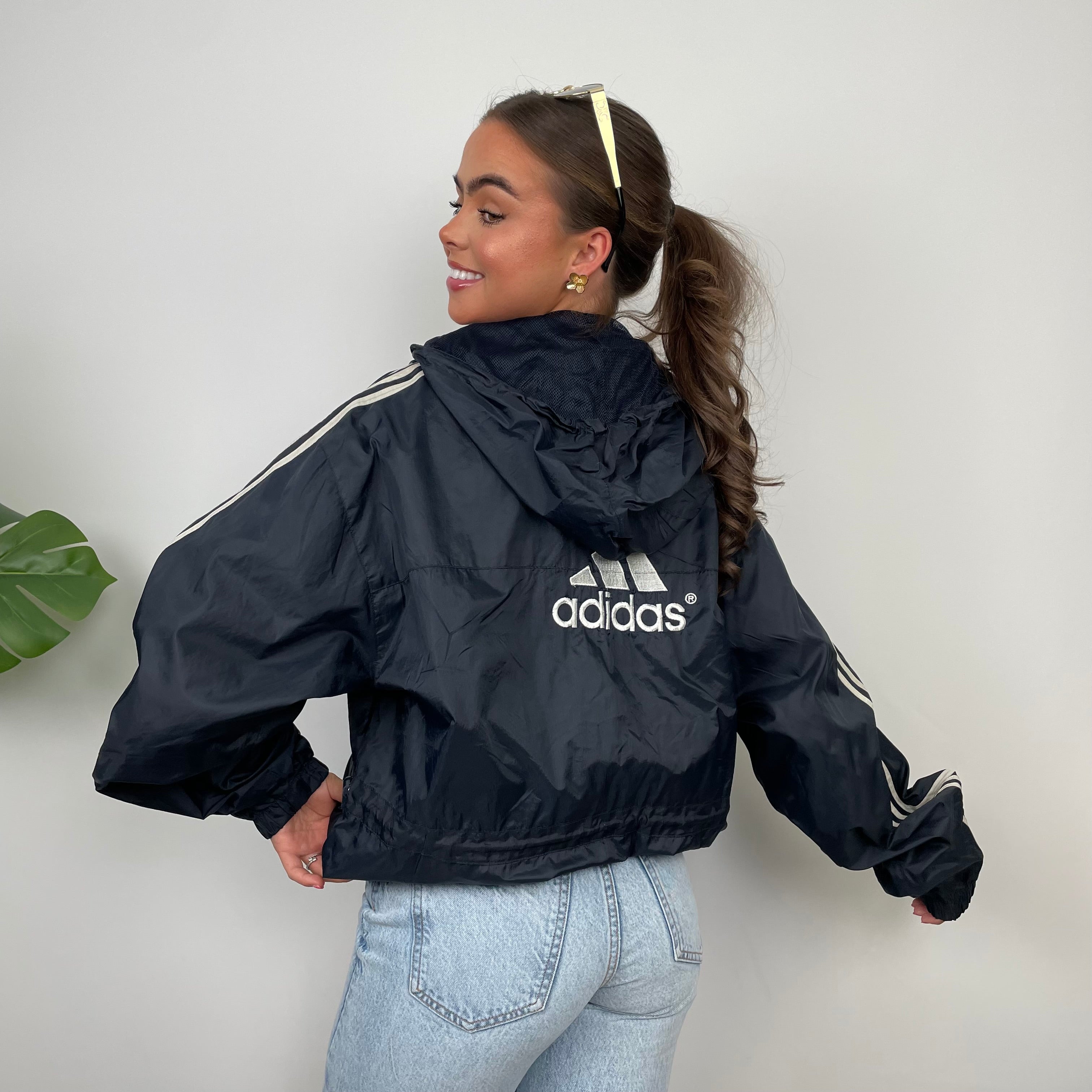 Adidas Navy Embroidered Spell Out Zip Up Windbreaker Jacket (M)