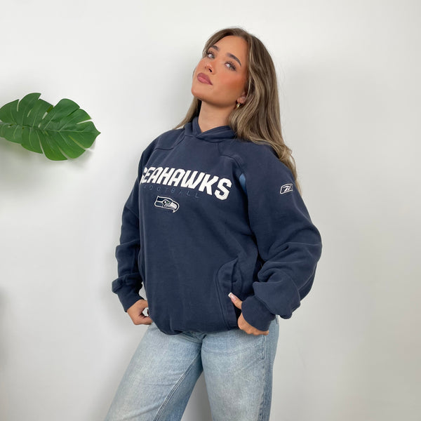 NFL Seattle Seahawks Navy Embroidered Spell Out Sweatshirt (M)