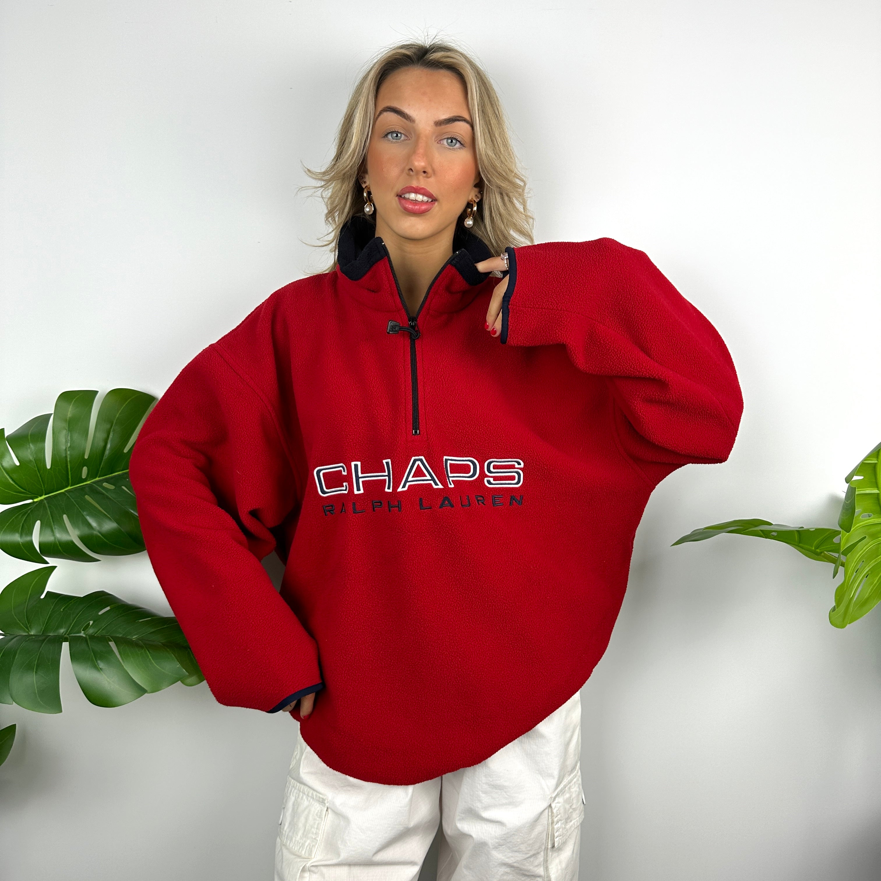 Chaps Ralph Lauren Red Embroidered Spell Out Teddy Bear Fleece Quarter Zip Sweatshirt (L)