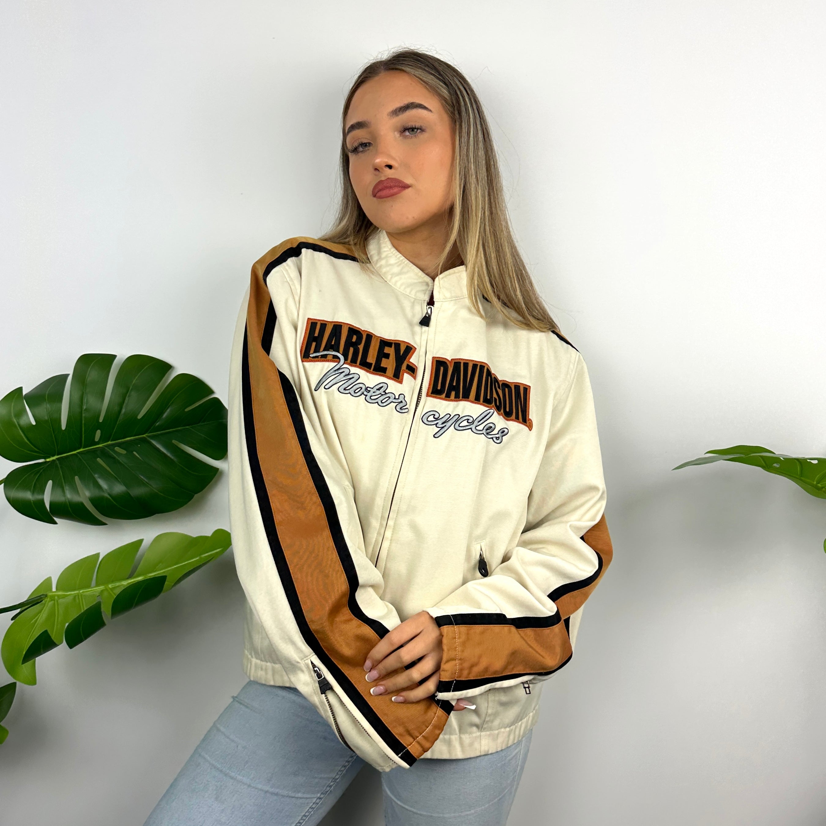 Harley Davidson Cream Embroidered Spell Out Jacket (L)