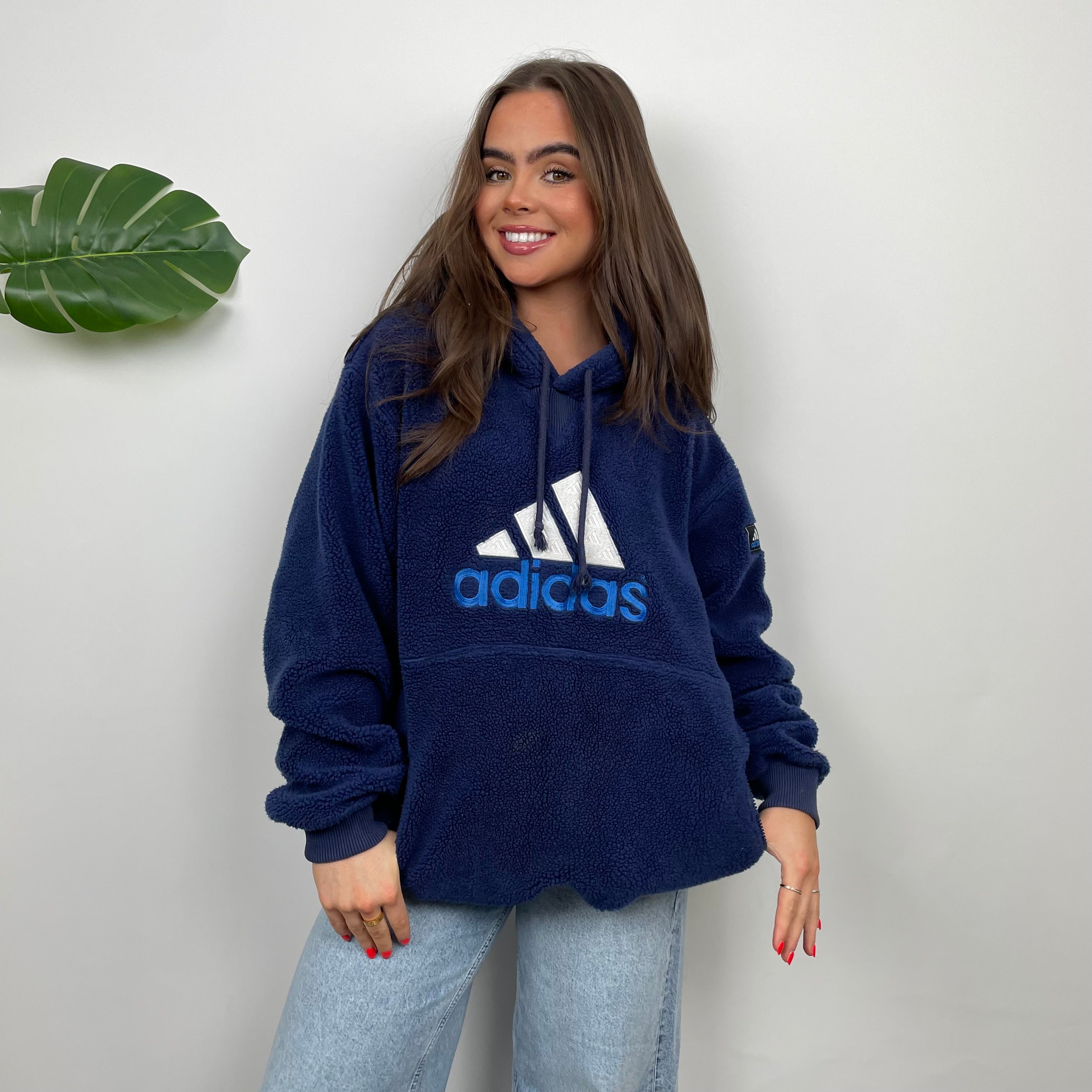 Adidas RARE Navy Embroidered Spell Out Teddy Bear Sherpa Fleece Hoodie (L)