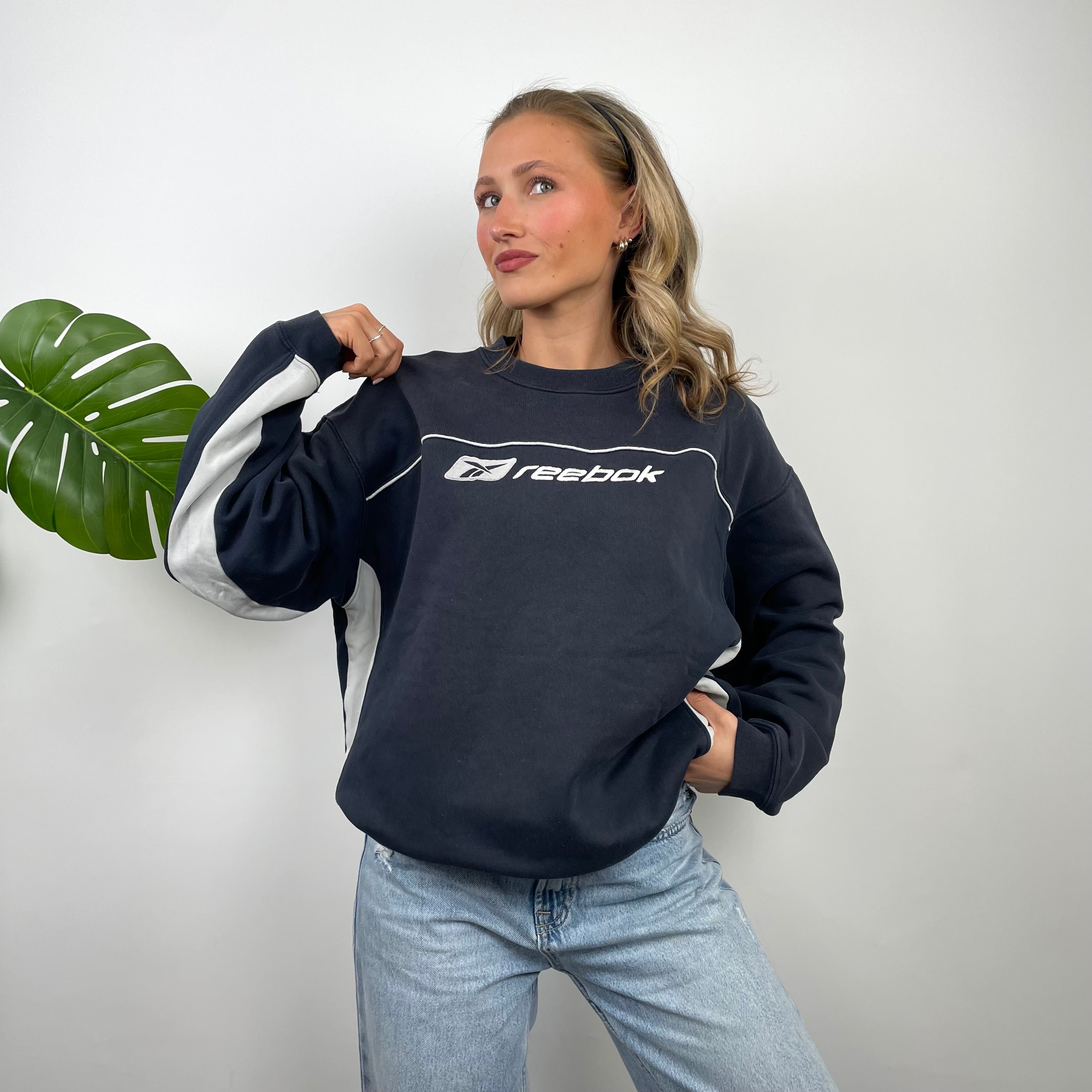 Reebok RARE Navy Embroidered Spell Out Sweatshirt (M)