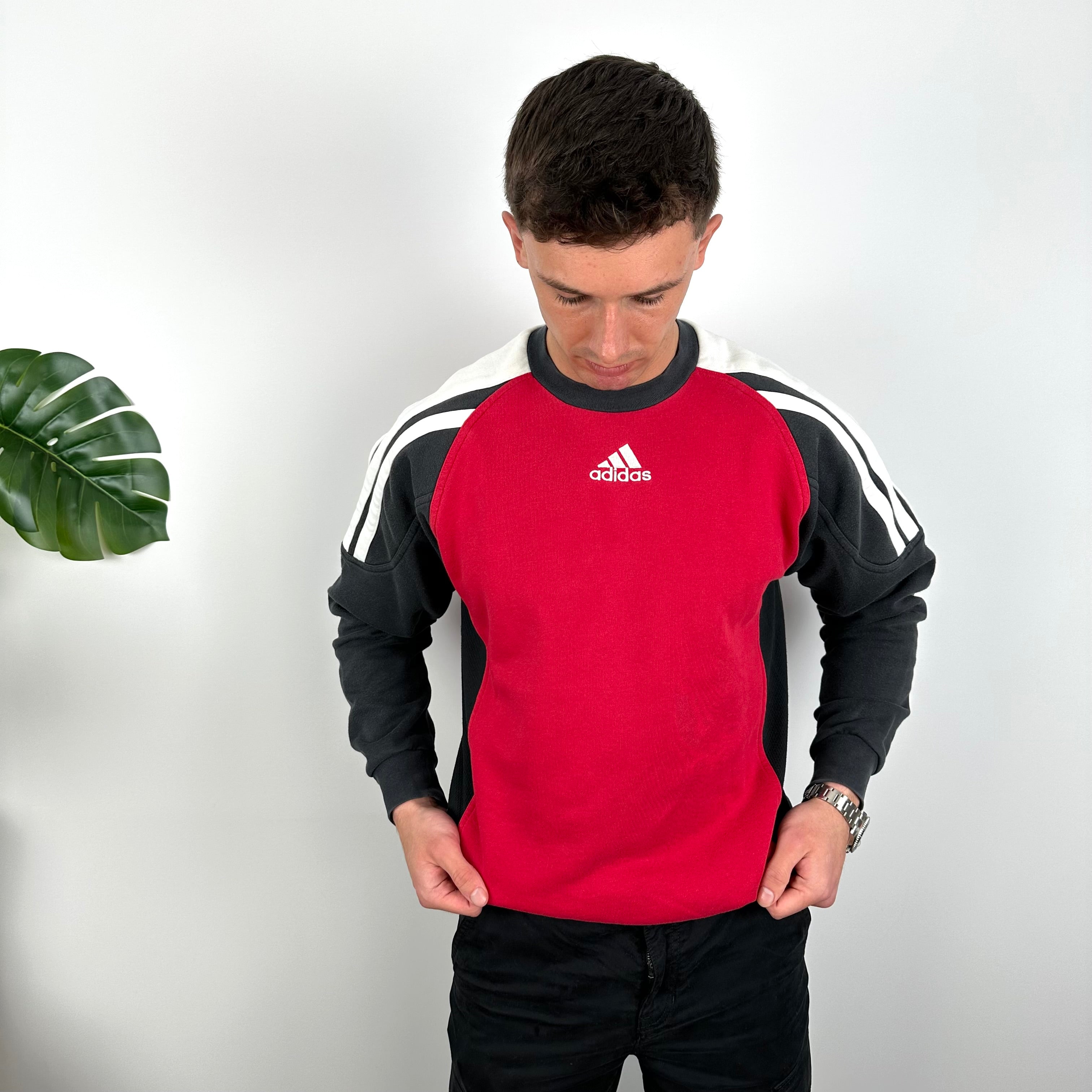 Adidas Red & Black Embroidered Spell Out Colour Block Sweatshirt (L)