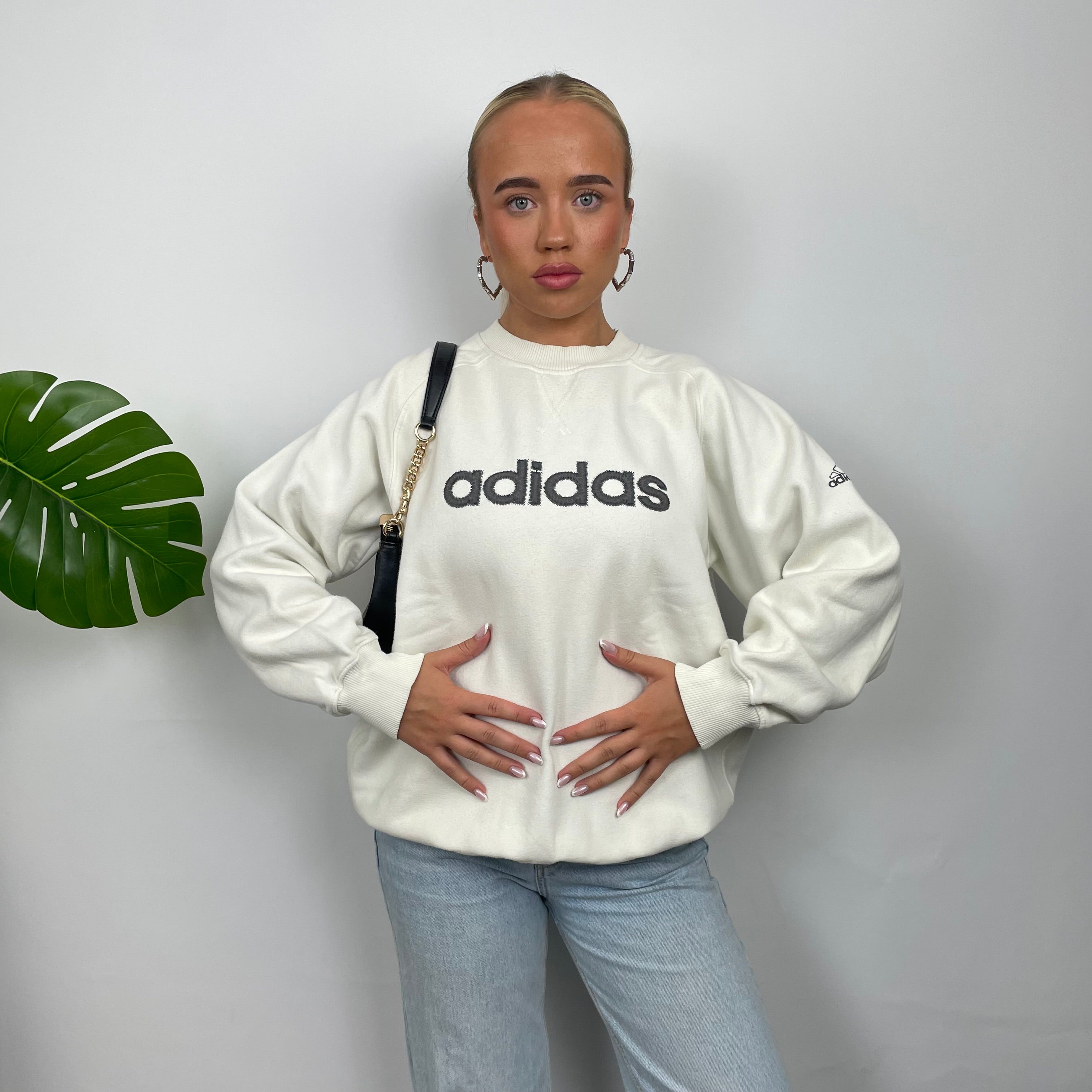 Adidas White Embroidered Spell Out Sweatshirt (M)