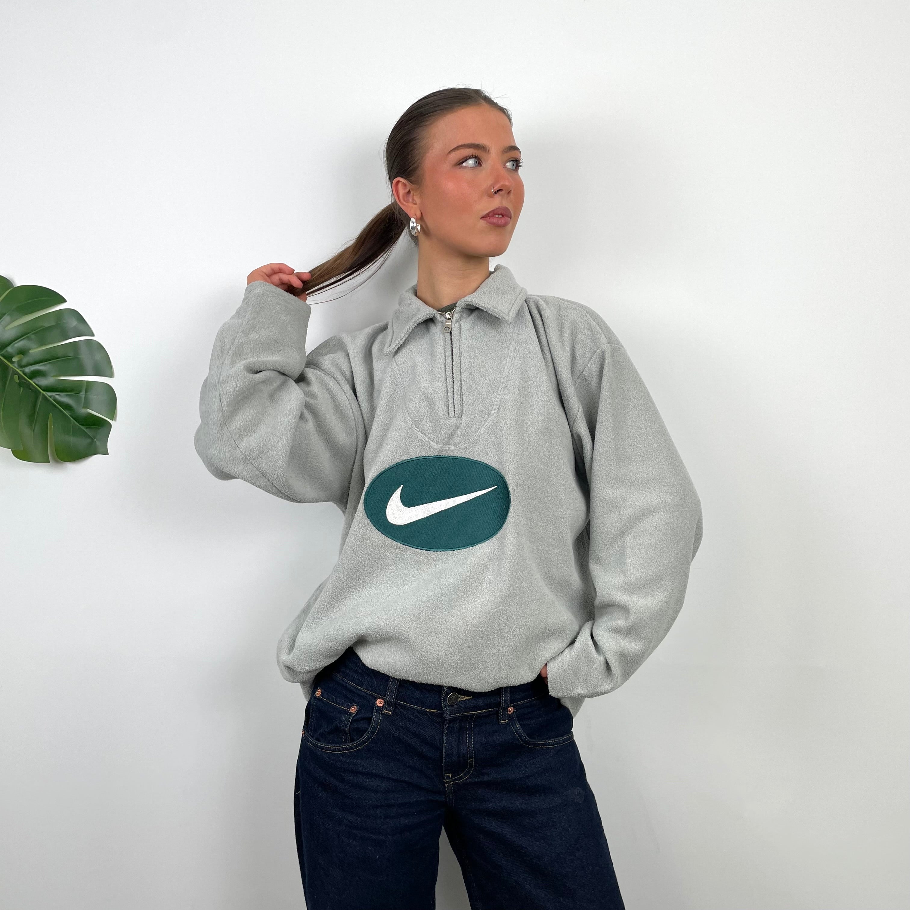 Nike Grey Embroidered Swoosh Teddy Bear Fleece Quarter Zip Sweatshirt (L)