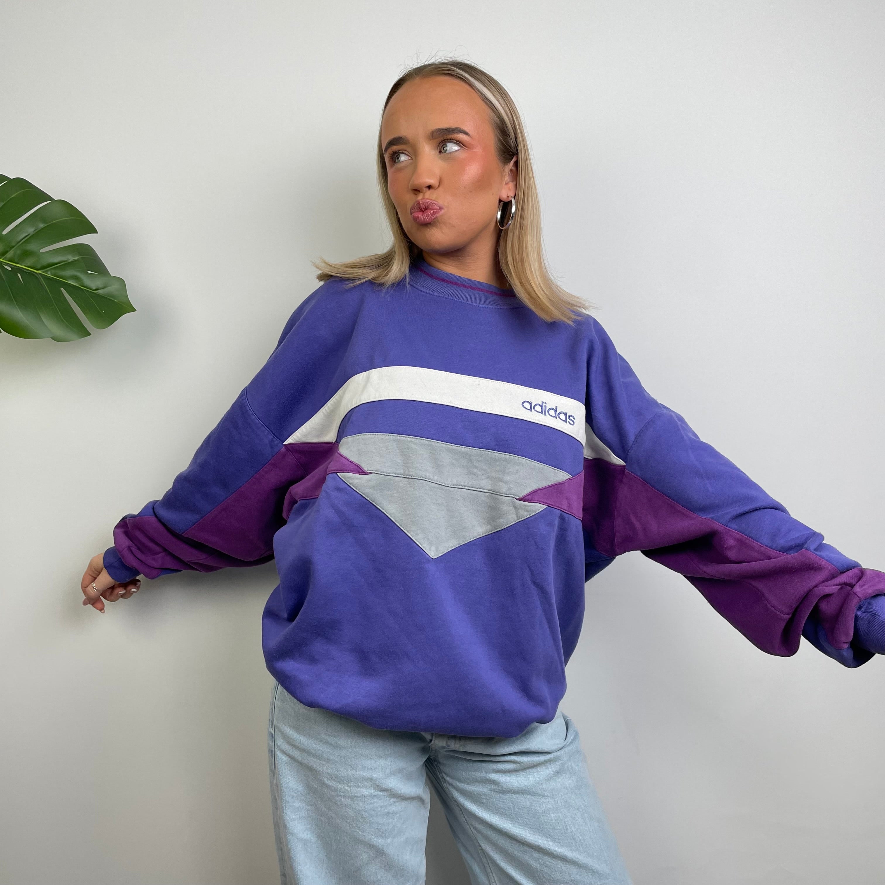 Adidas Blue Colour Block Embroidered Spell Out Sweatshirt (L)