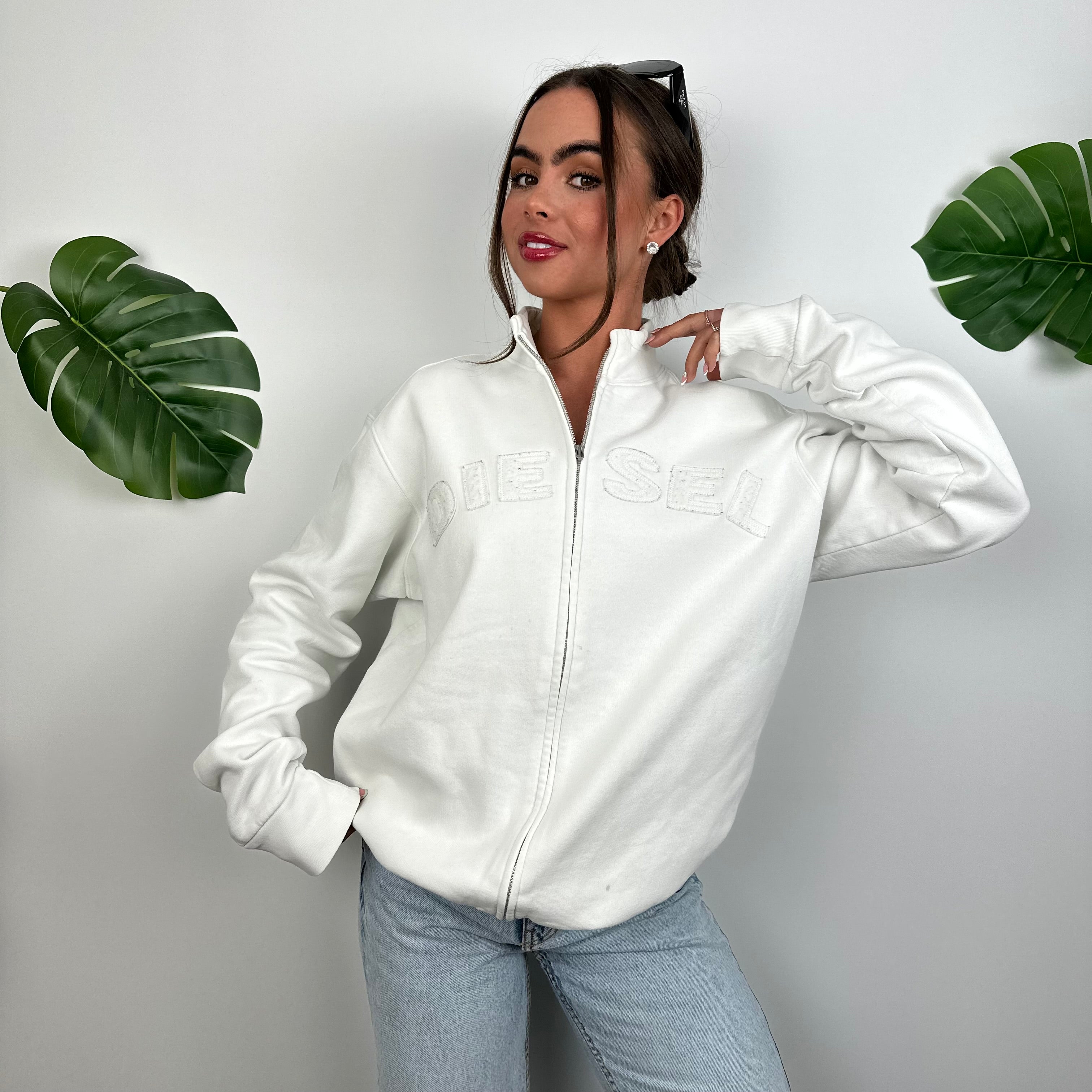 Diesel White Embroidered Spell Out Zip Up Jacket (M)