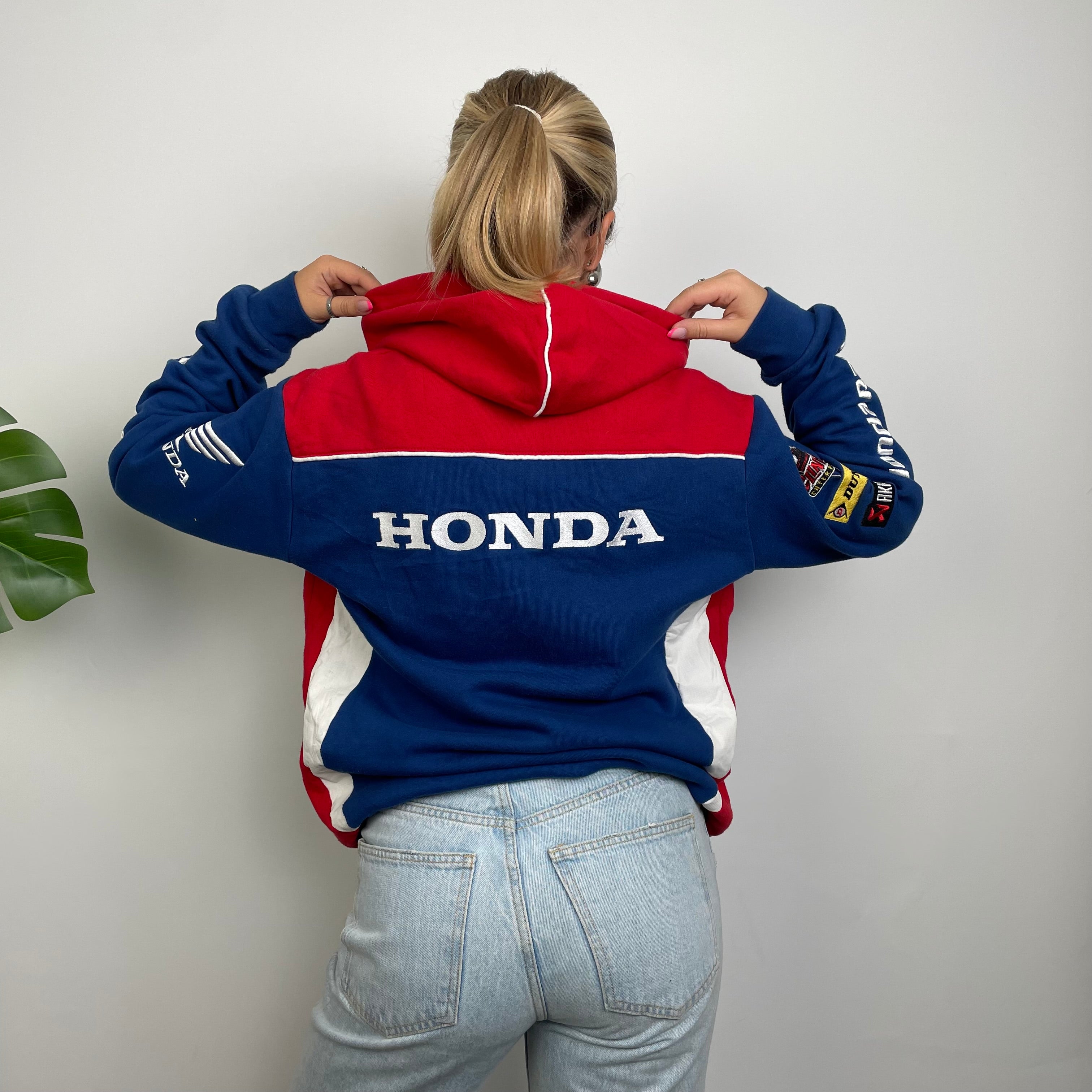 Honda Racing Blue Embroidered Spell Out Zip Up Hoodie Jacket (M)