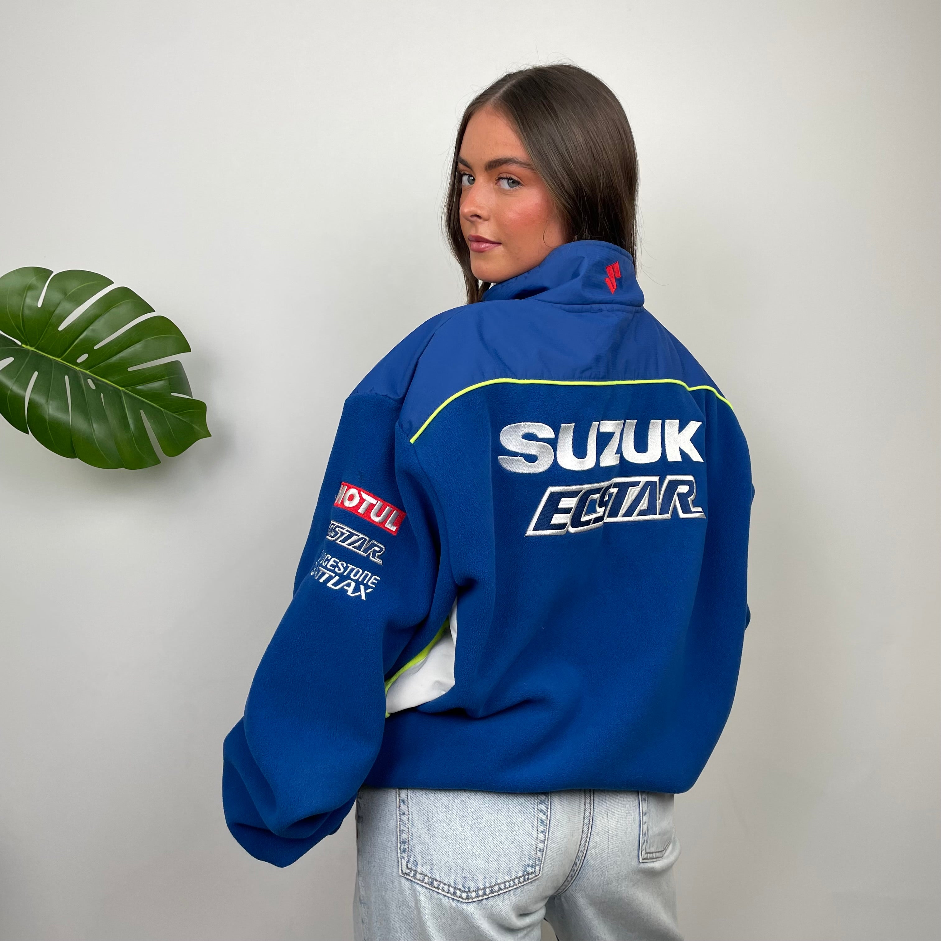 Suzuki Racing Blue Embroidered Spell Out Zip Up Fleece Jacket (XXL)