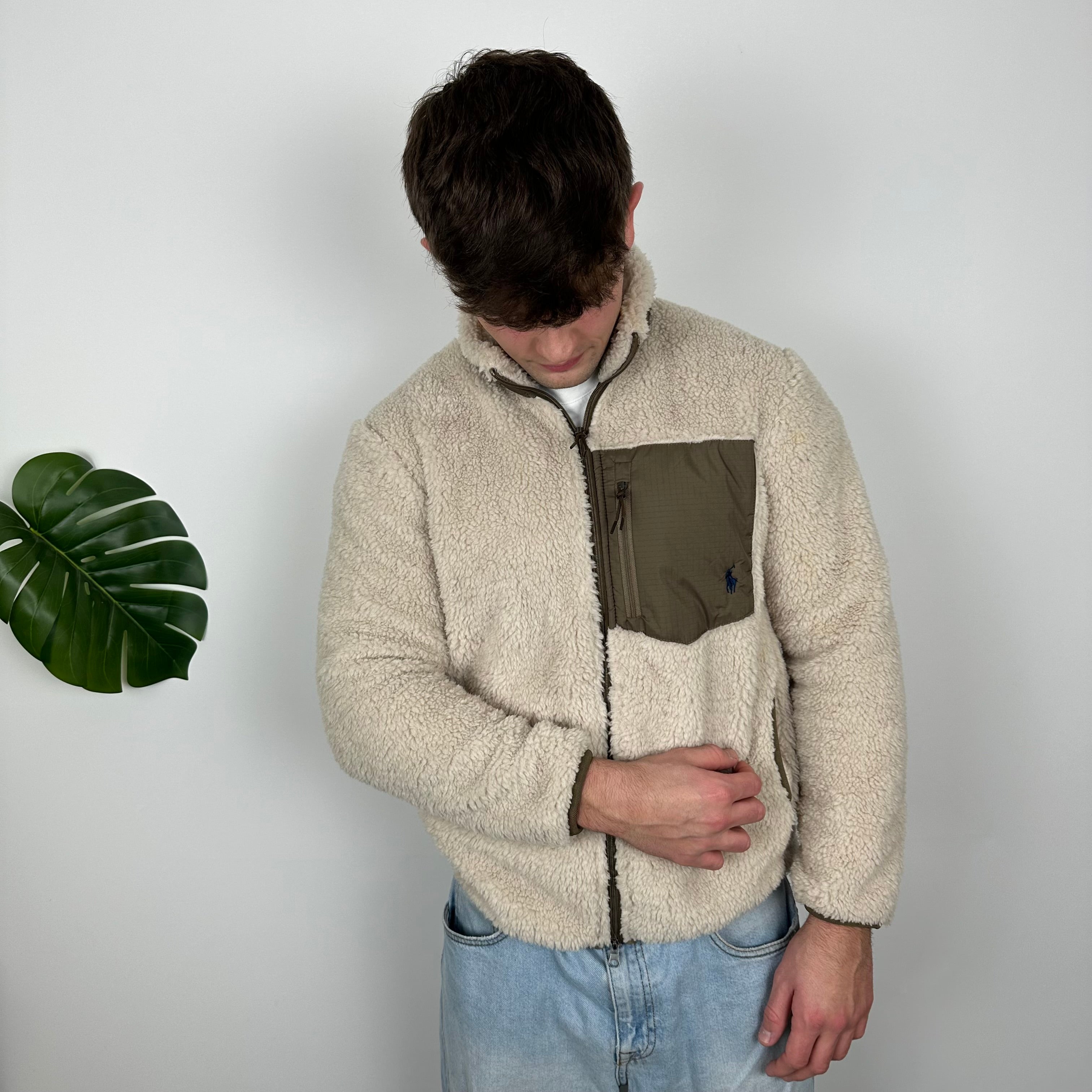 Polo Ralph Lauren Cream Embroidered Logo Teddy Bear Fleece Jacket (M)