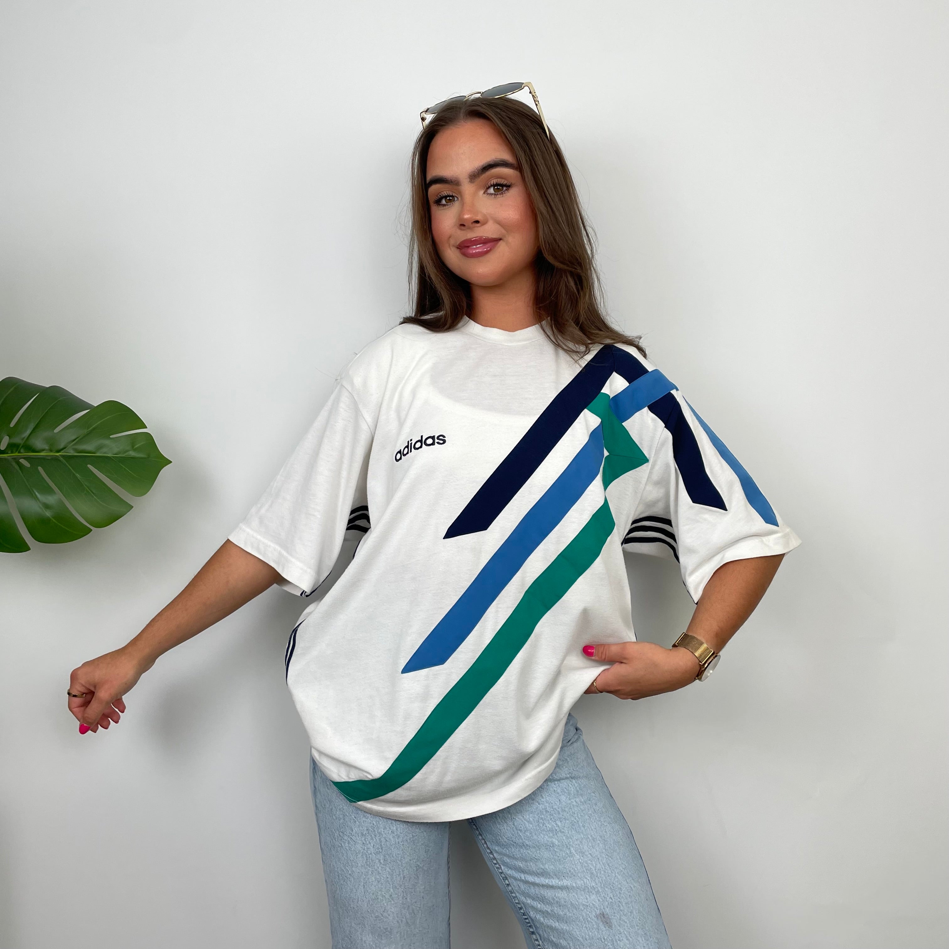 Adidas White Embroidered Spell Out Colour Block T Shirt (XL)