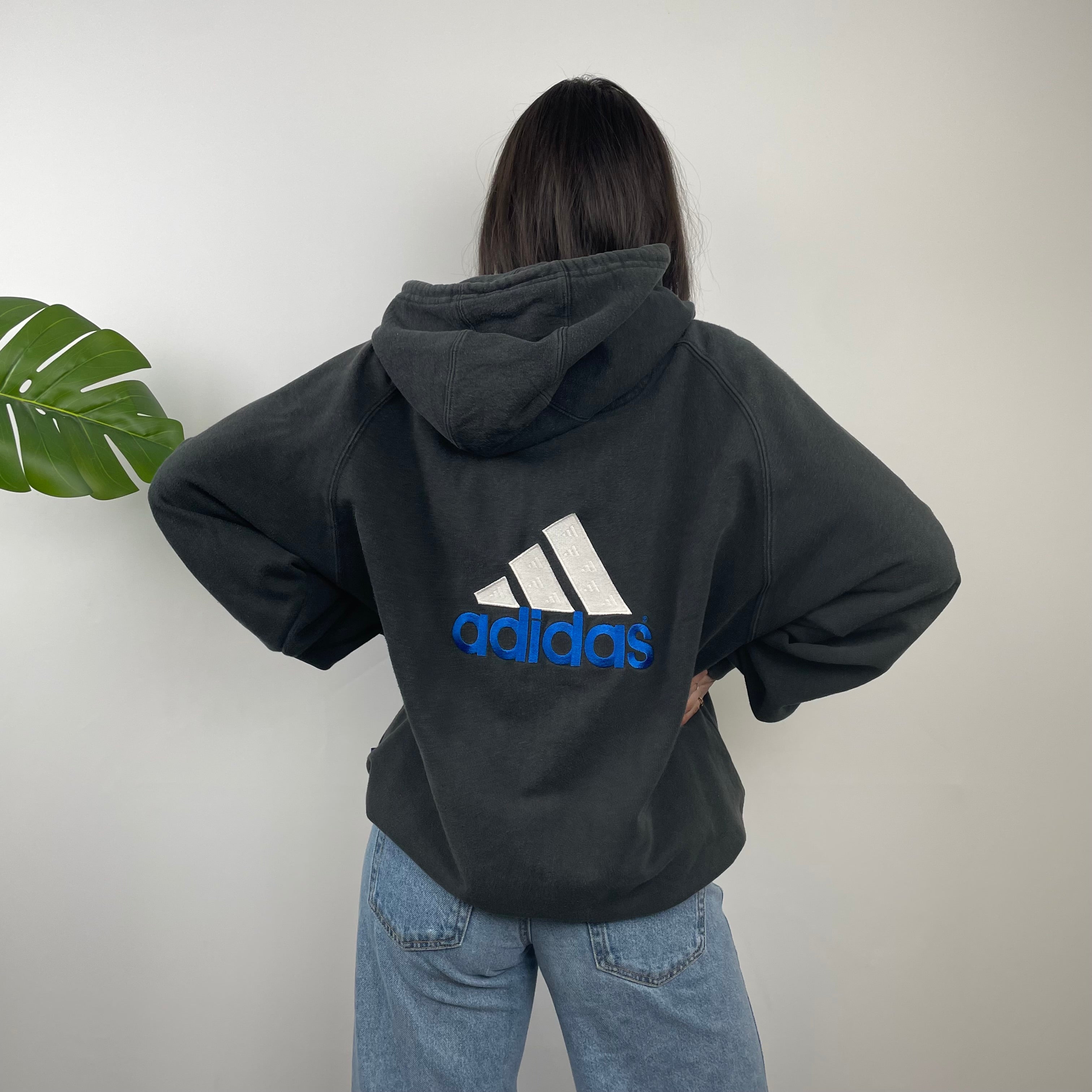 Adidas Black Embroidered Spell Out Zip Up Hoodie Jacket (XL)