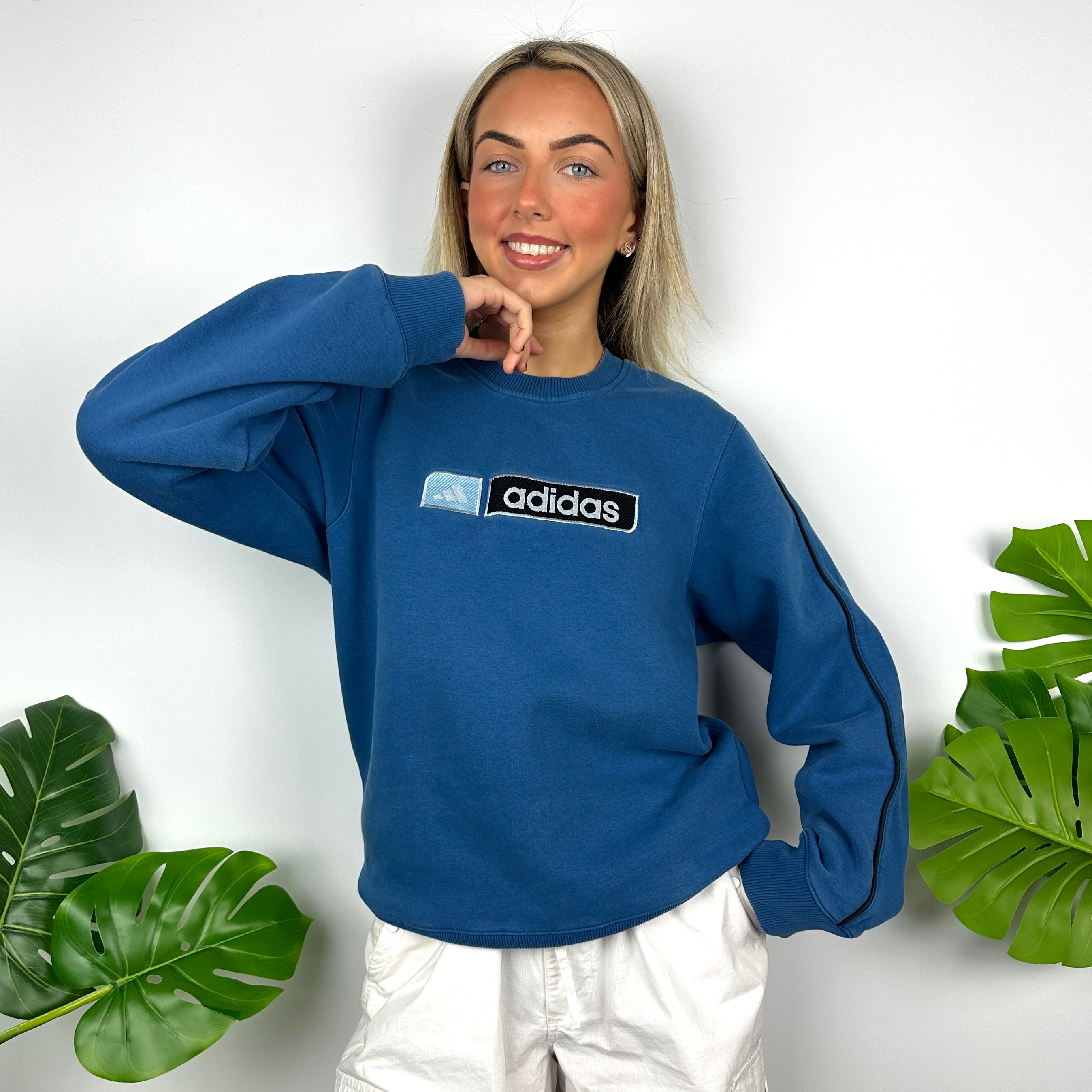 Adidas Blue Embroidered Spell Out Sweatshirt (S)