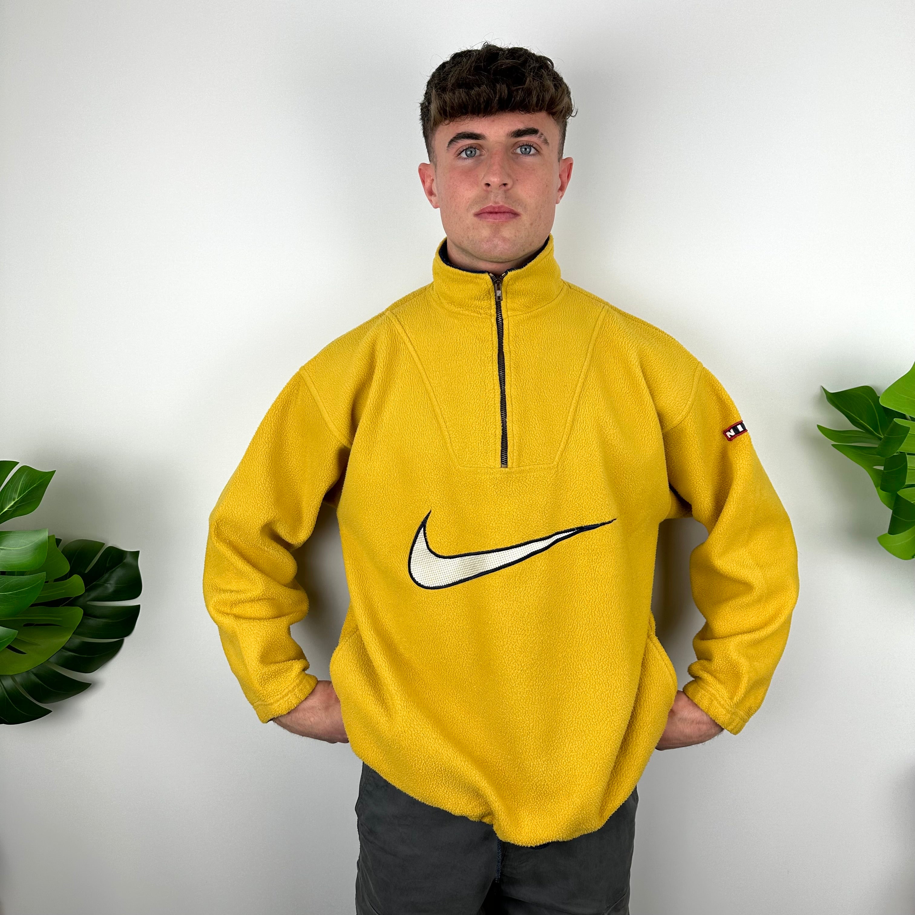 Nike Yellow Embroidered Spell Out Teddy Bear Fleece Quarter Zip Sweatshirt (L)